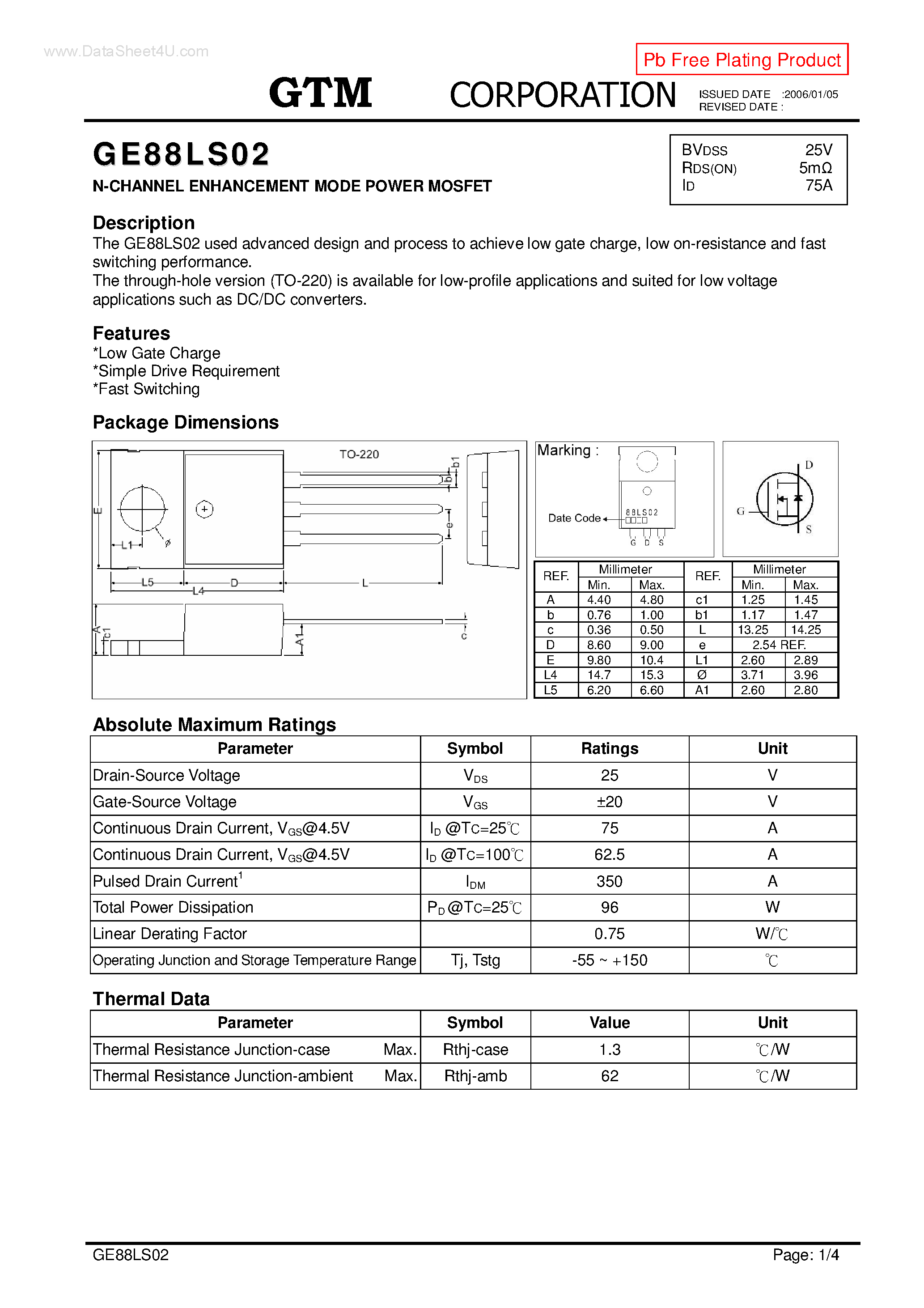 Datasheet GE88LS02 page 1 Datasheet GE88LS02 - N-CHANNEL ENHANCEMENT MODE POWER MOSFET page 1