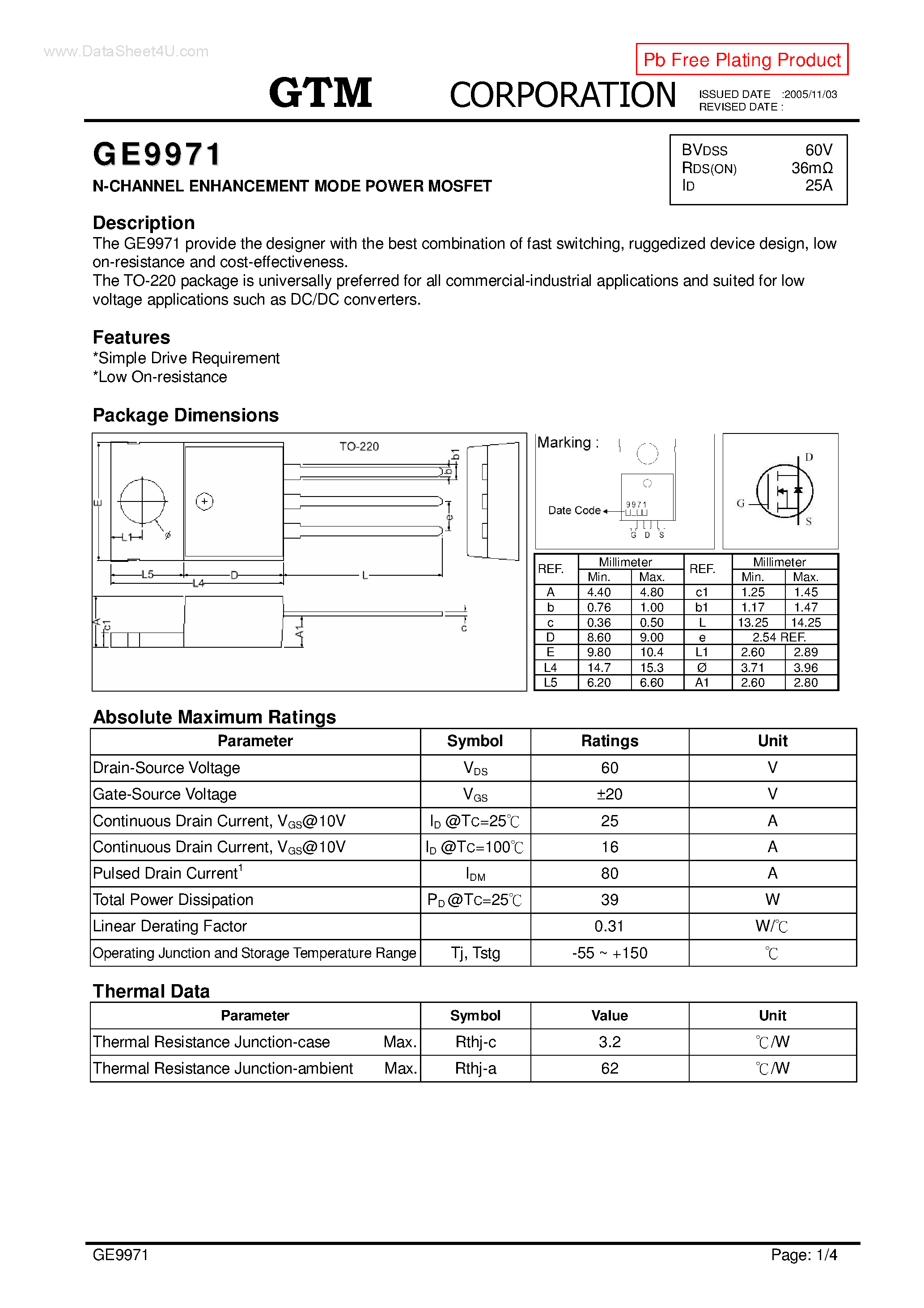 Datasheet GE9971 page 1 Datasheet GE9971 - N-CHANNEL ENHANCEMENT MODE POWER MOSFET page 1