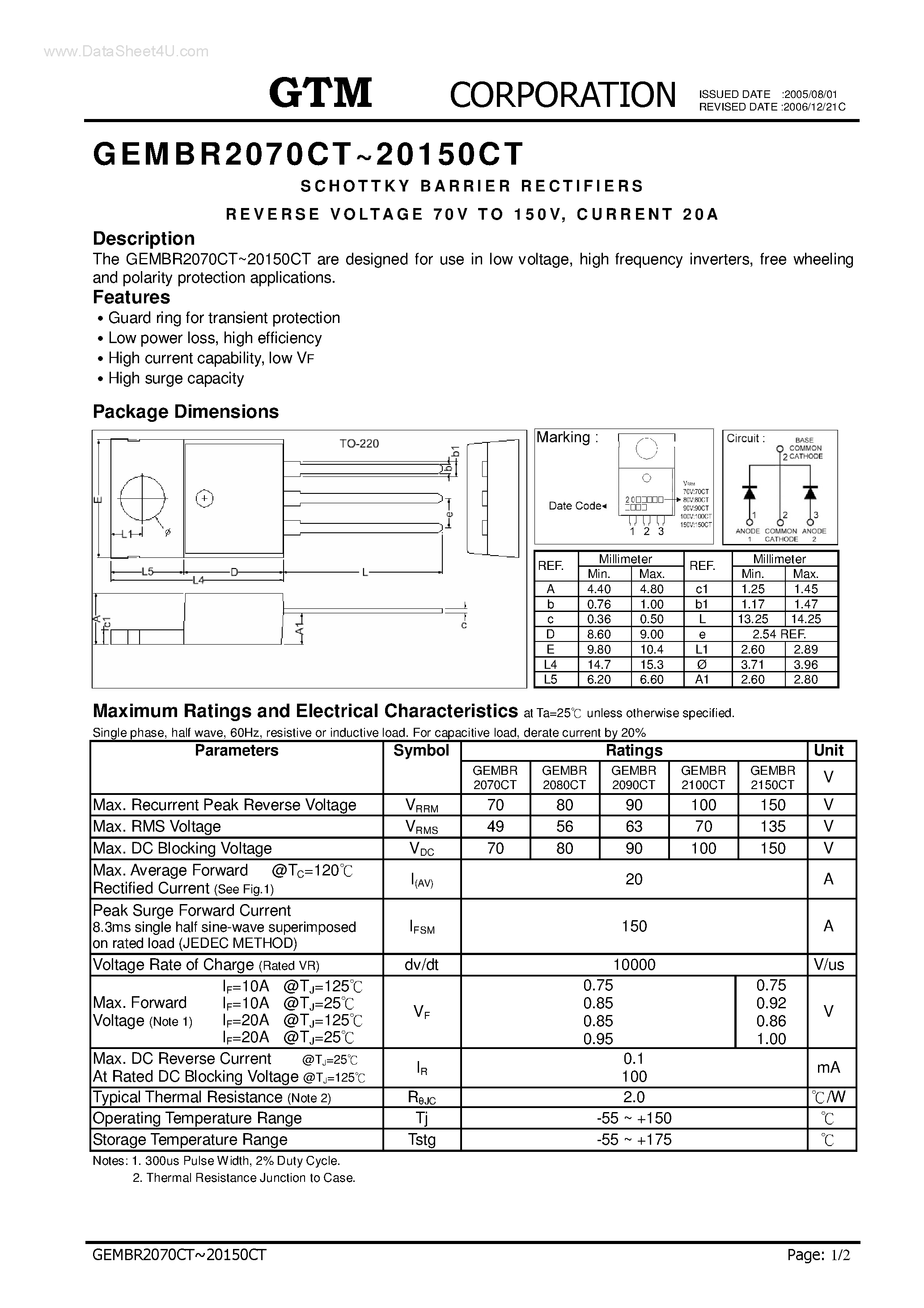 Datasheet GEMBR20100CT - (GEMBR2070CT - GEMBR20150CT) SCHOTTKY BARRIER RECTIFIERS page 1