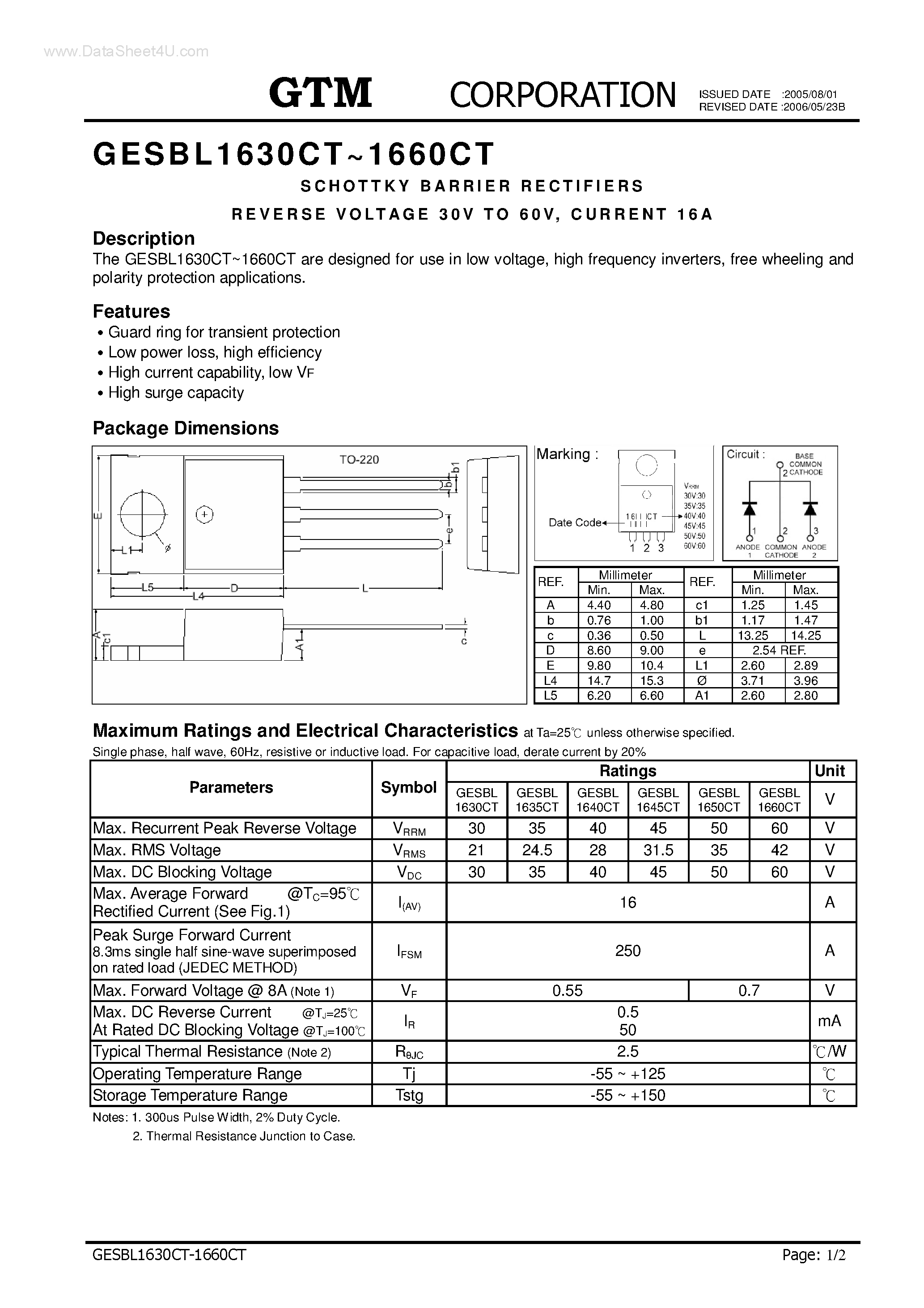 Datasheet GESBL1630CT page 1 Datasheet GESBL1630CT - (GESBL1630CT - GESBL1660CT) SCHOTTKY BARRIER RECTIFIERS page 1