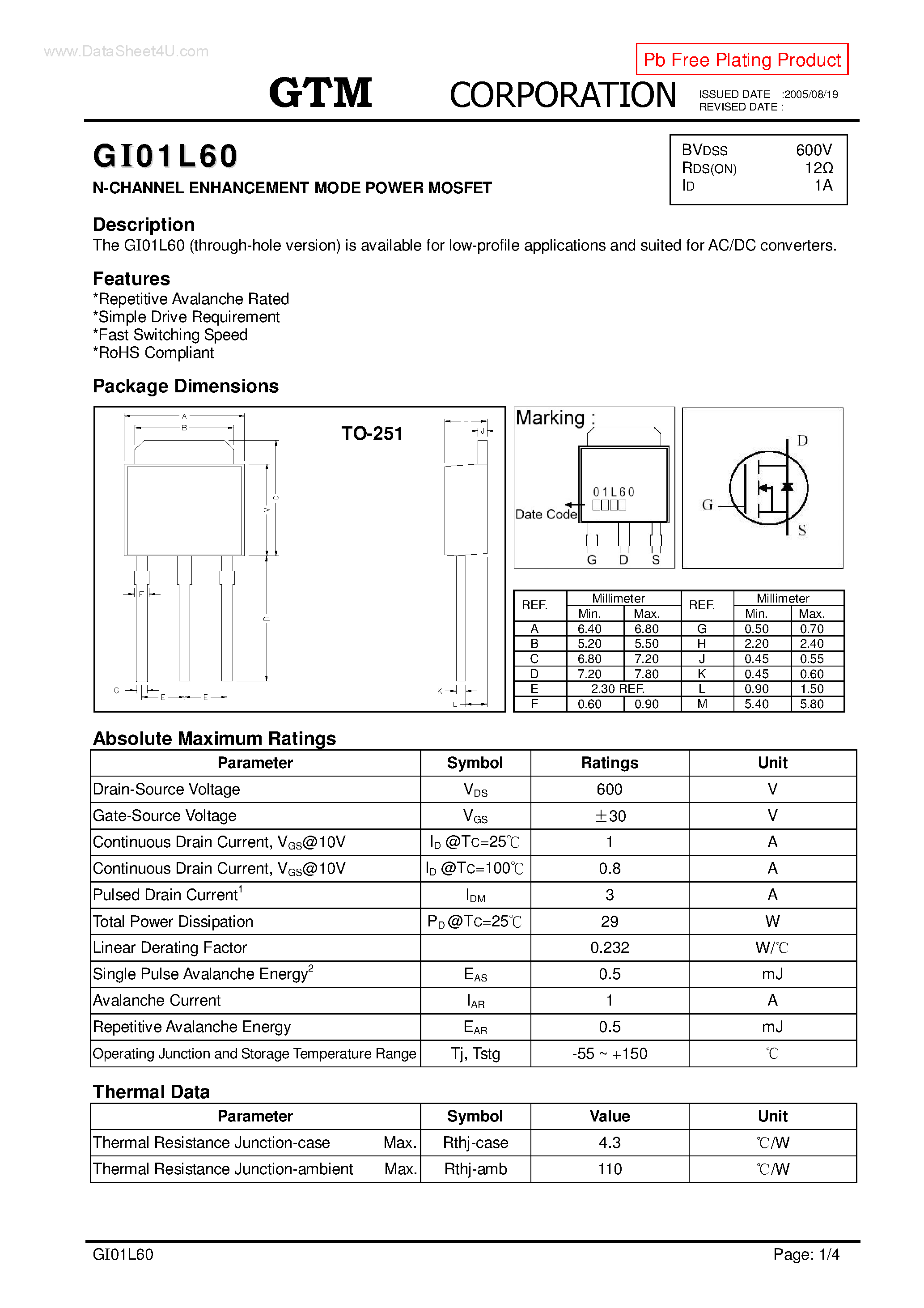 Datasheet GI01L60 page 1 Datasheet GI01L60 - N-CHANNEL ENHANCEMENT MODE POWER MOSFET page 1