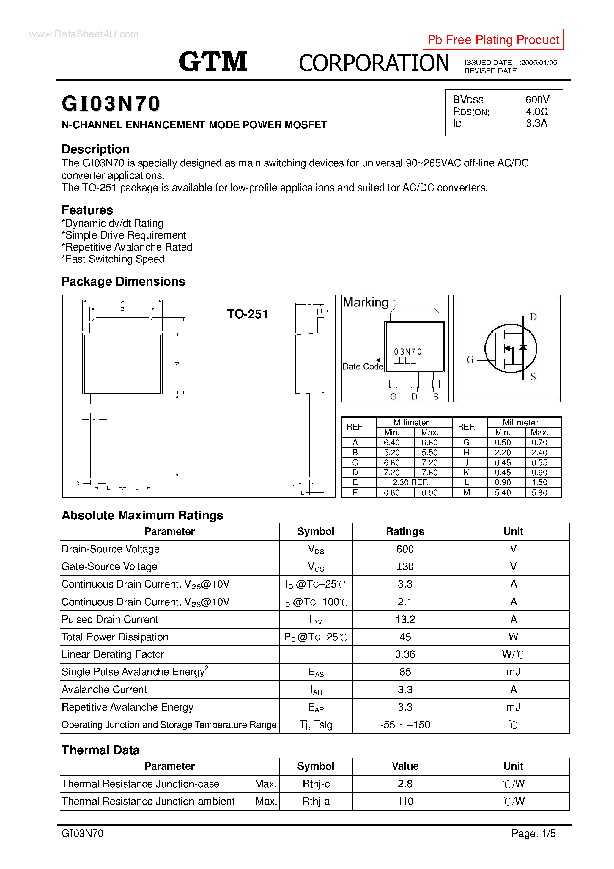 Datasheet GI03N70 - N-CHANNEL ENHANCEMENT MODE POWER MOSFET page 1