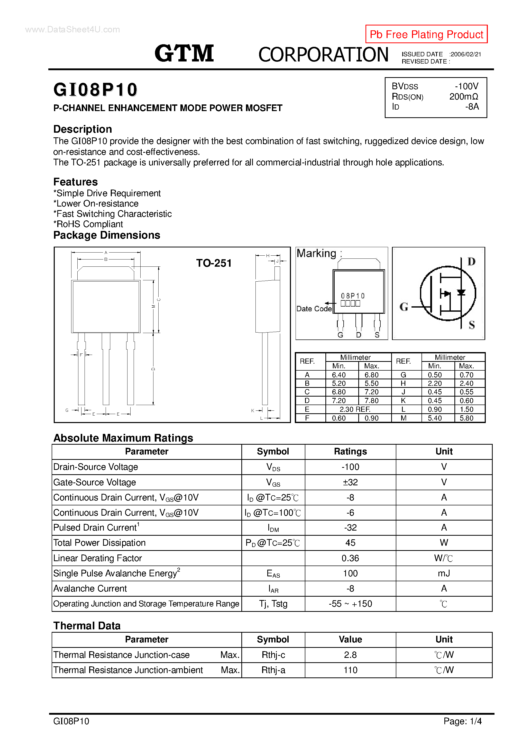 Datasheet GI08P10 - P-CHANNEL ENHANCEMENT MODE POWER MOSFET page 1