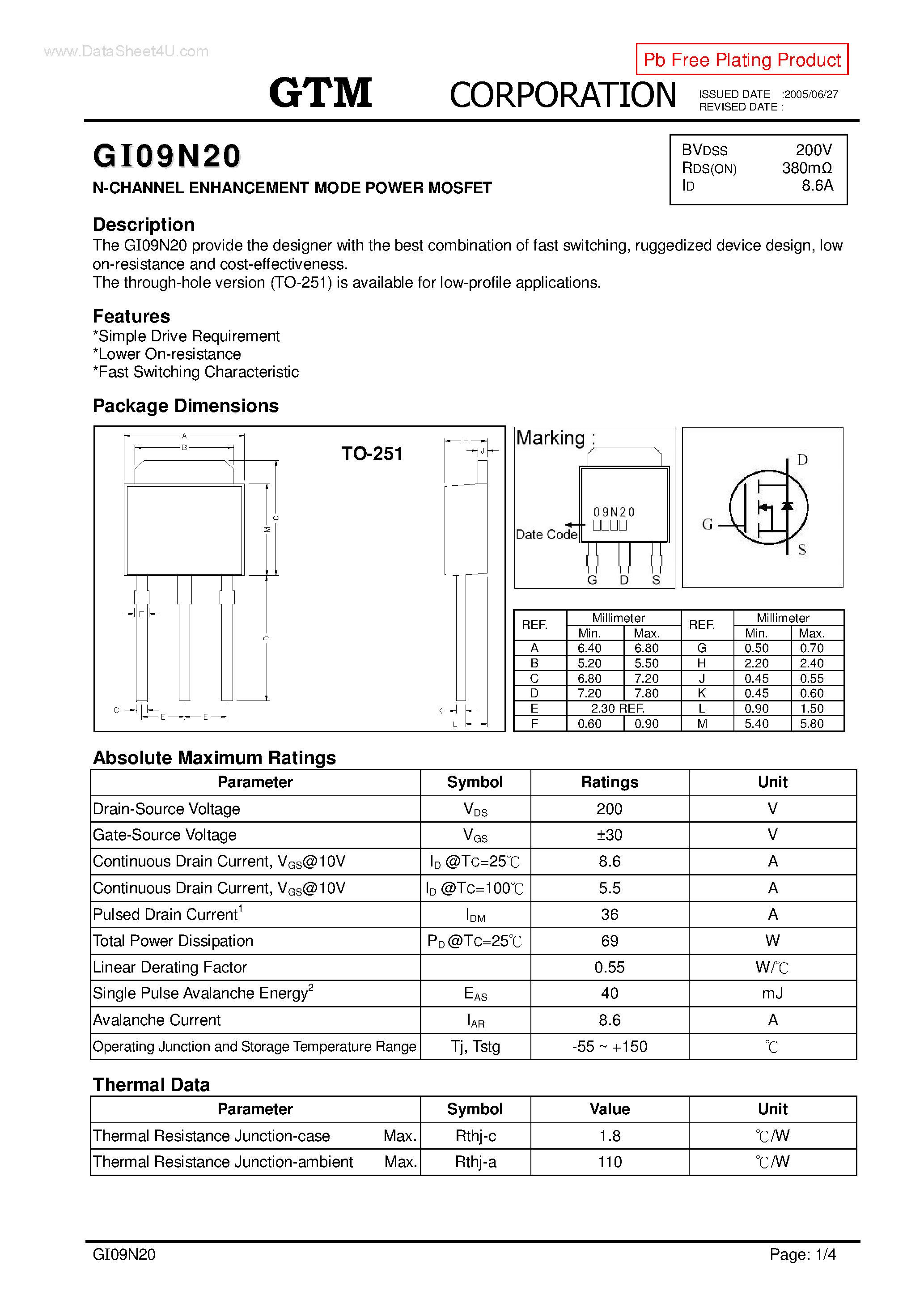 Datasheet GI09N20 - N-CHANNEL ENHANCEMENT MODE POWER MOSFET page 1
