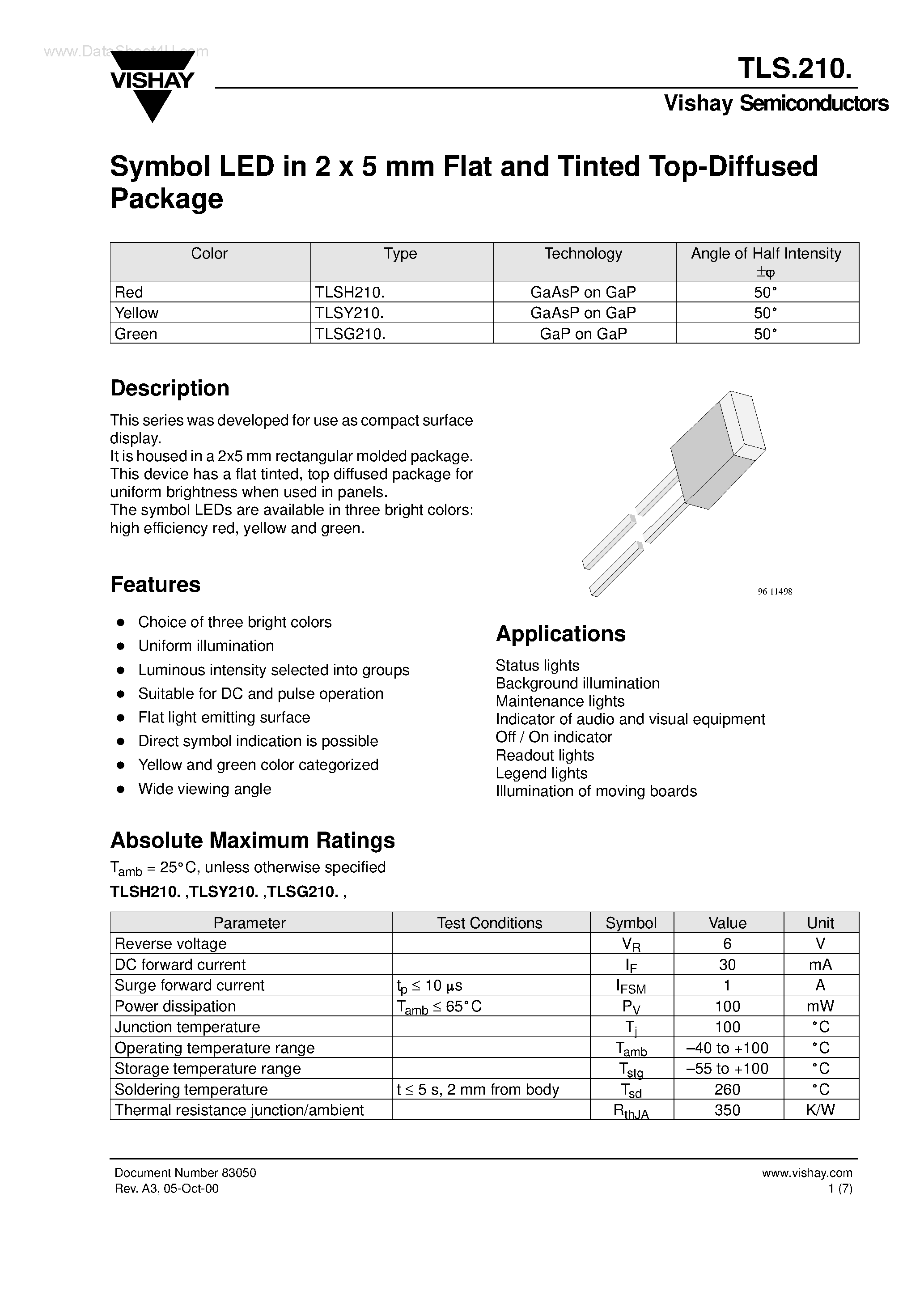 Datasheet TLS210 page 1 Datasheet TLS210 - Symbol LED in 2 x 5 mm Flat and Tinted Top-Diffused Package page 1
