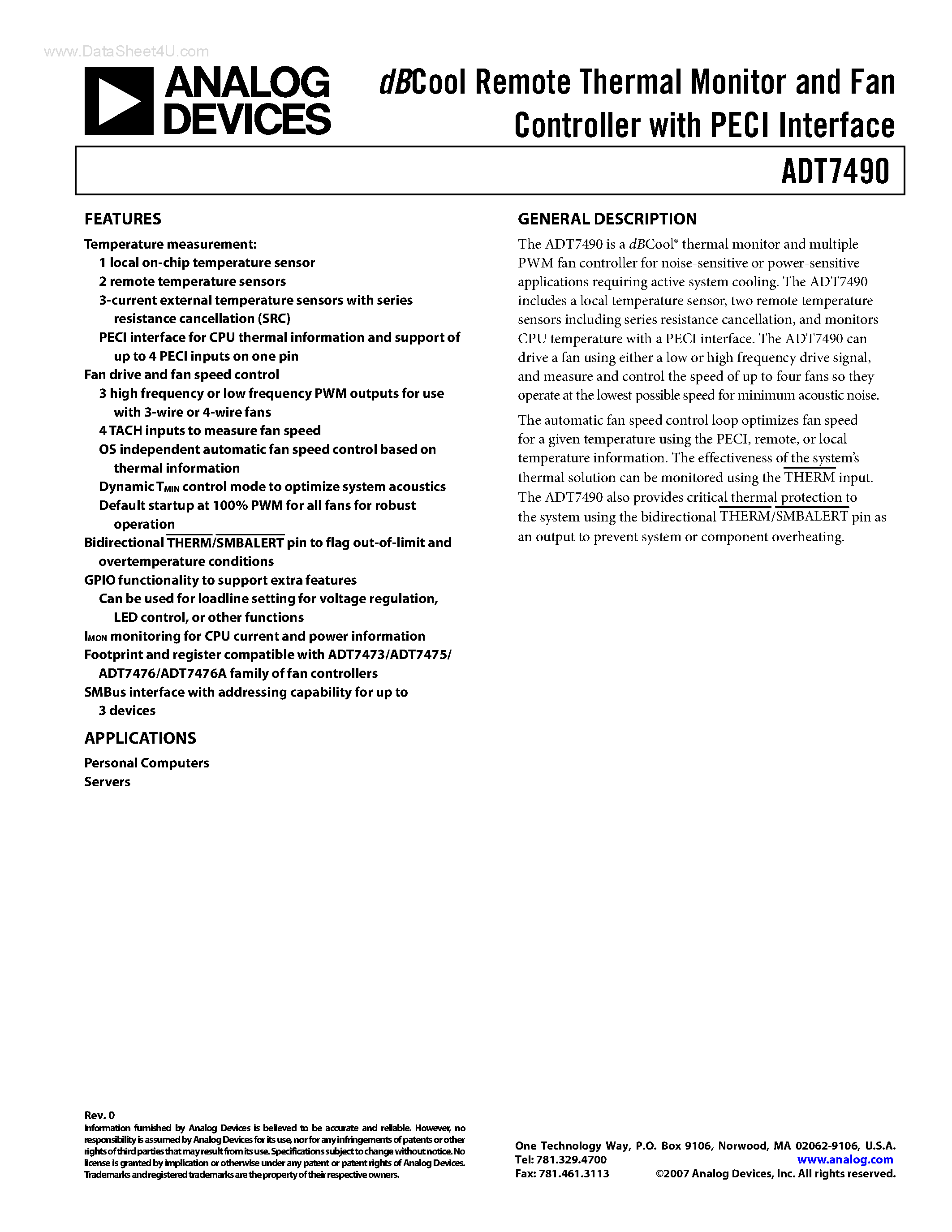 Datasheet ADT7490 - dBCool Remote Thermal Monitor and Fan Controller page 1