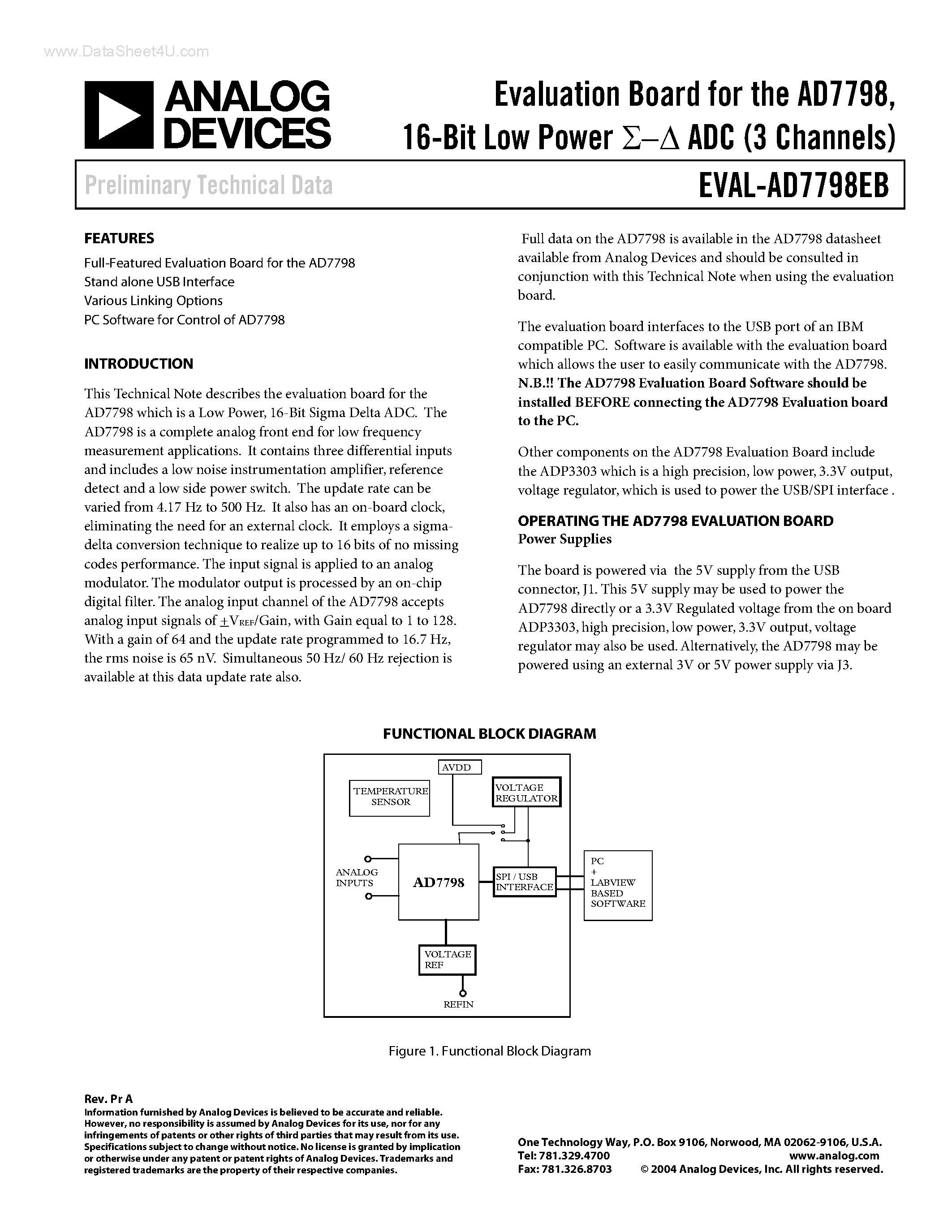 Datasheet EVAL-AD7798EB - 16-Bit Low Power ADC page 1