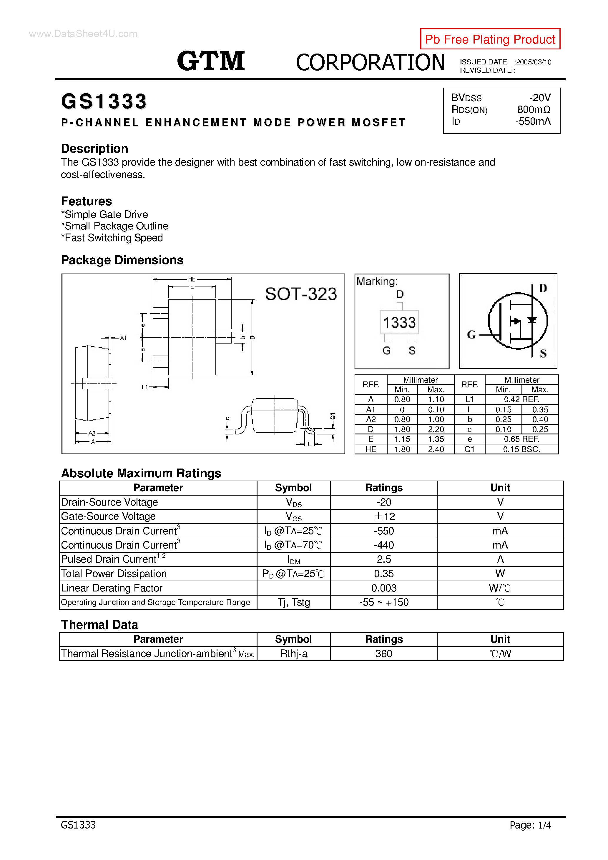 Даташит GS1333 - P-CHANNEL ENHANCEMENT MODE POWER MOSFET страница 1