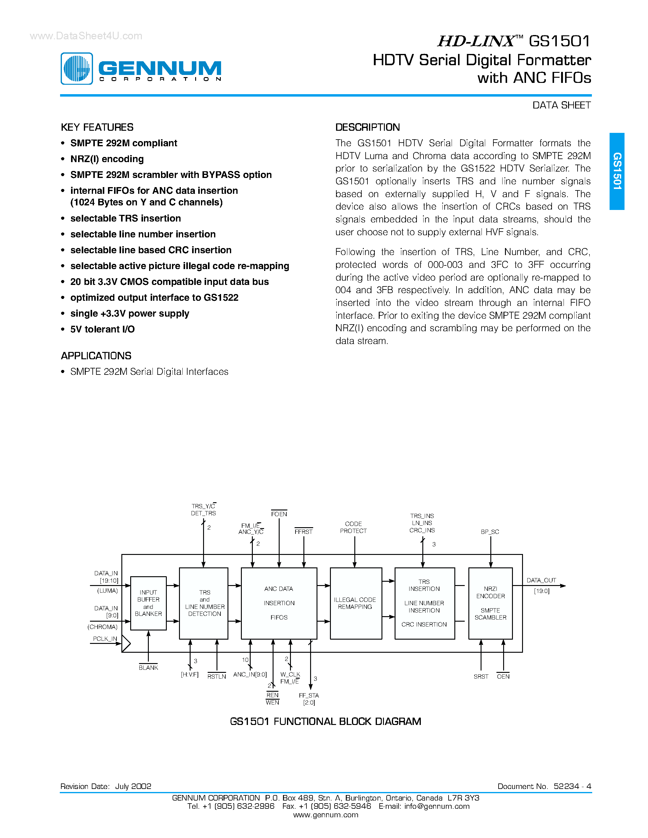 Даташит на микросхему GS1501 страница 1 Даташит GS1501 - HDTV Serial Digital Formatter страница 1