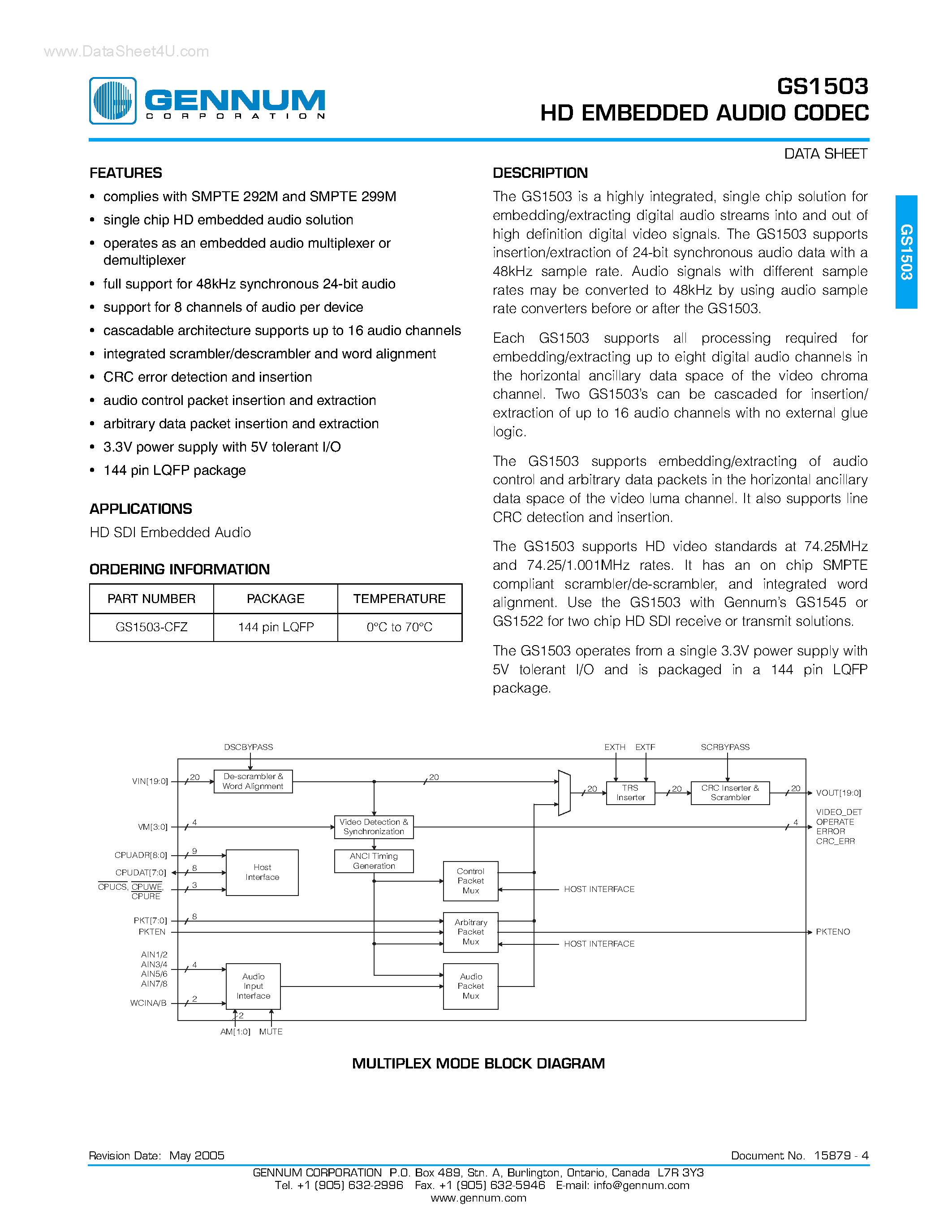 Datasheet GS1503 - HD EMBEDDED AUDIO CODEC page 1