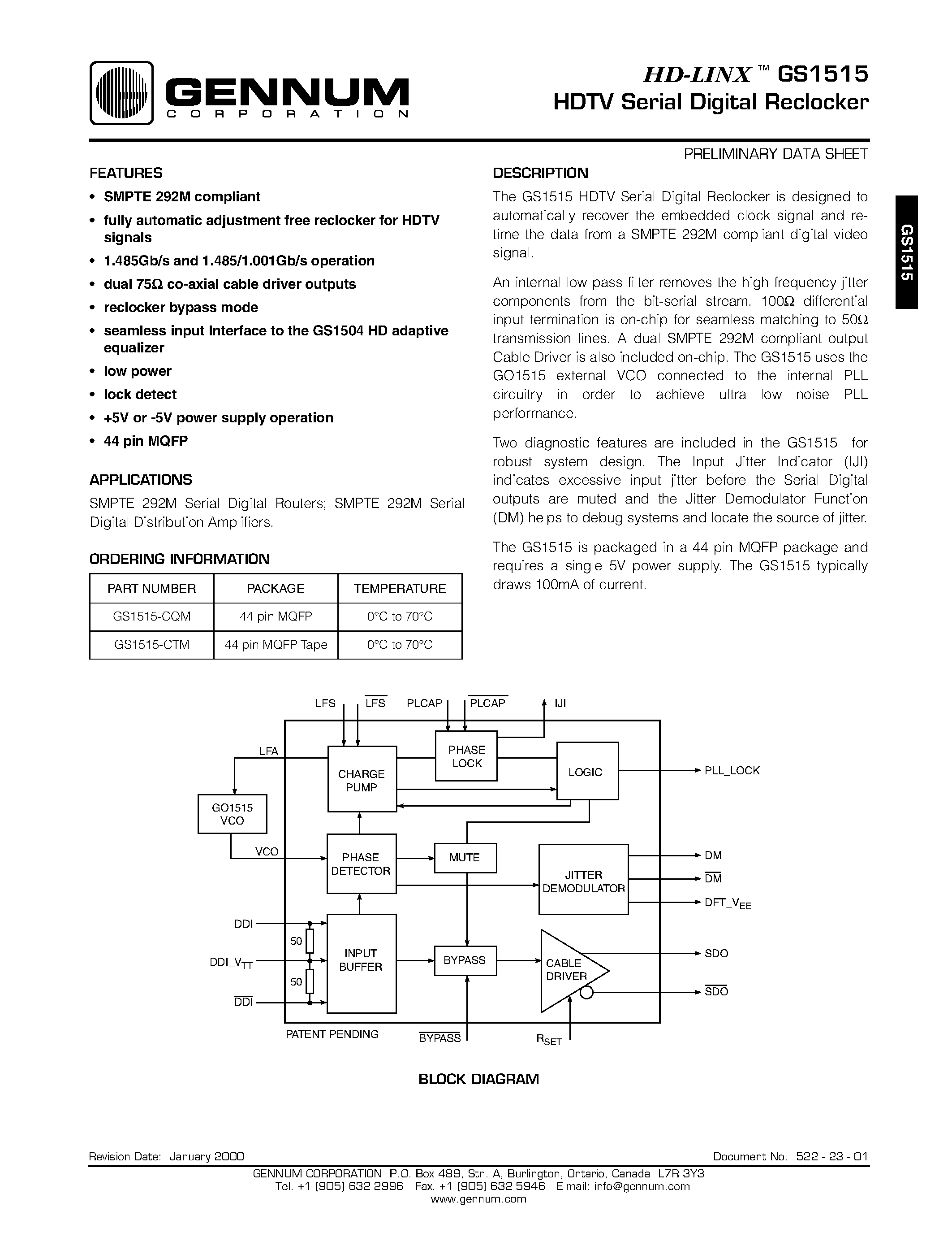Даташит на микросхему GS1515 страница 1 Даташит GS1515 - HDTV Serial Digital Reclocker страница 1