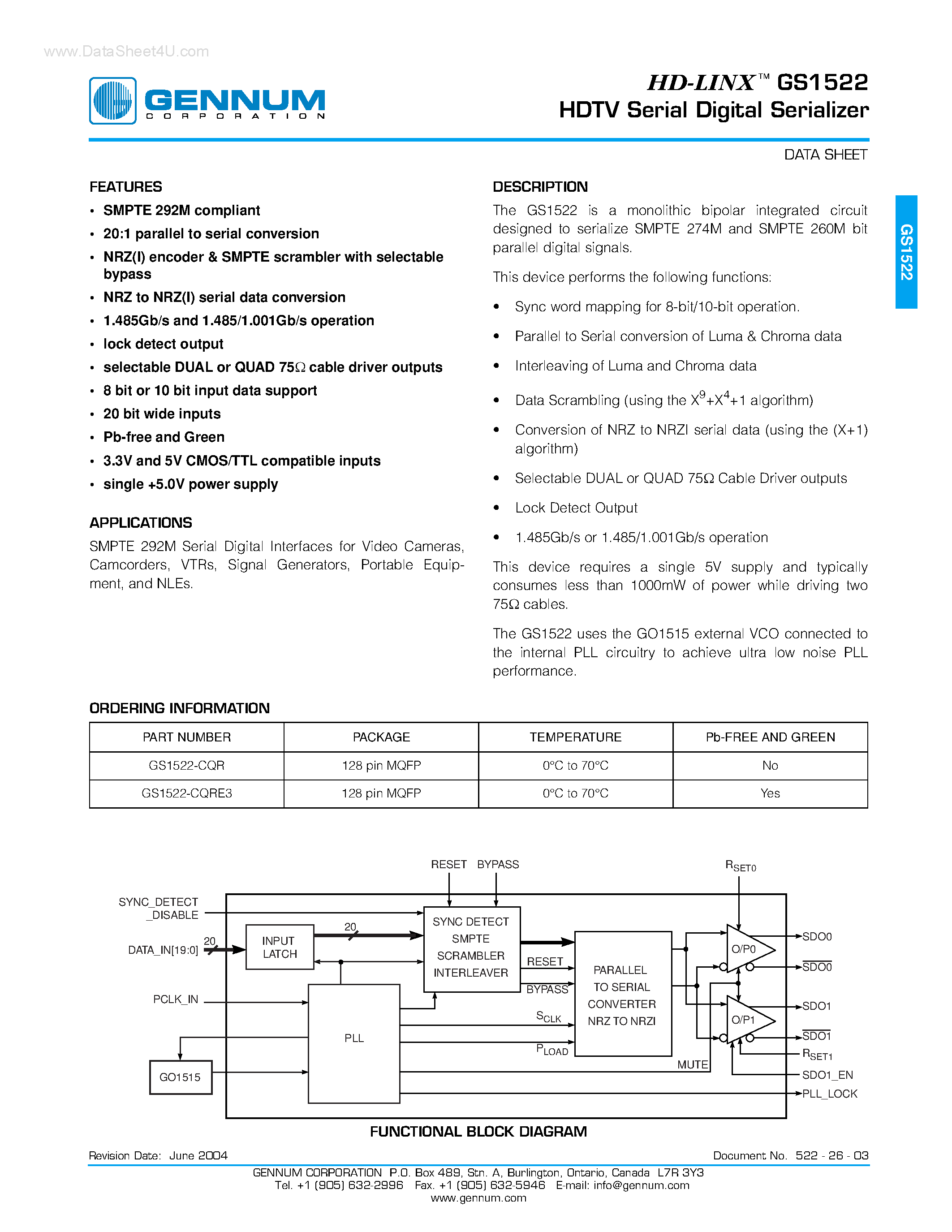 Даташит на микросхему GS1522 страница 1 Даташит GS1522 - HDTV Serial Digital Serializer страница 1