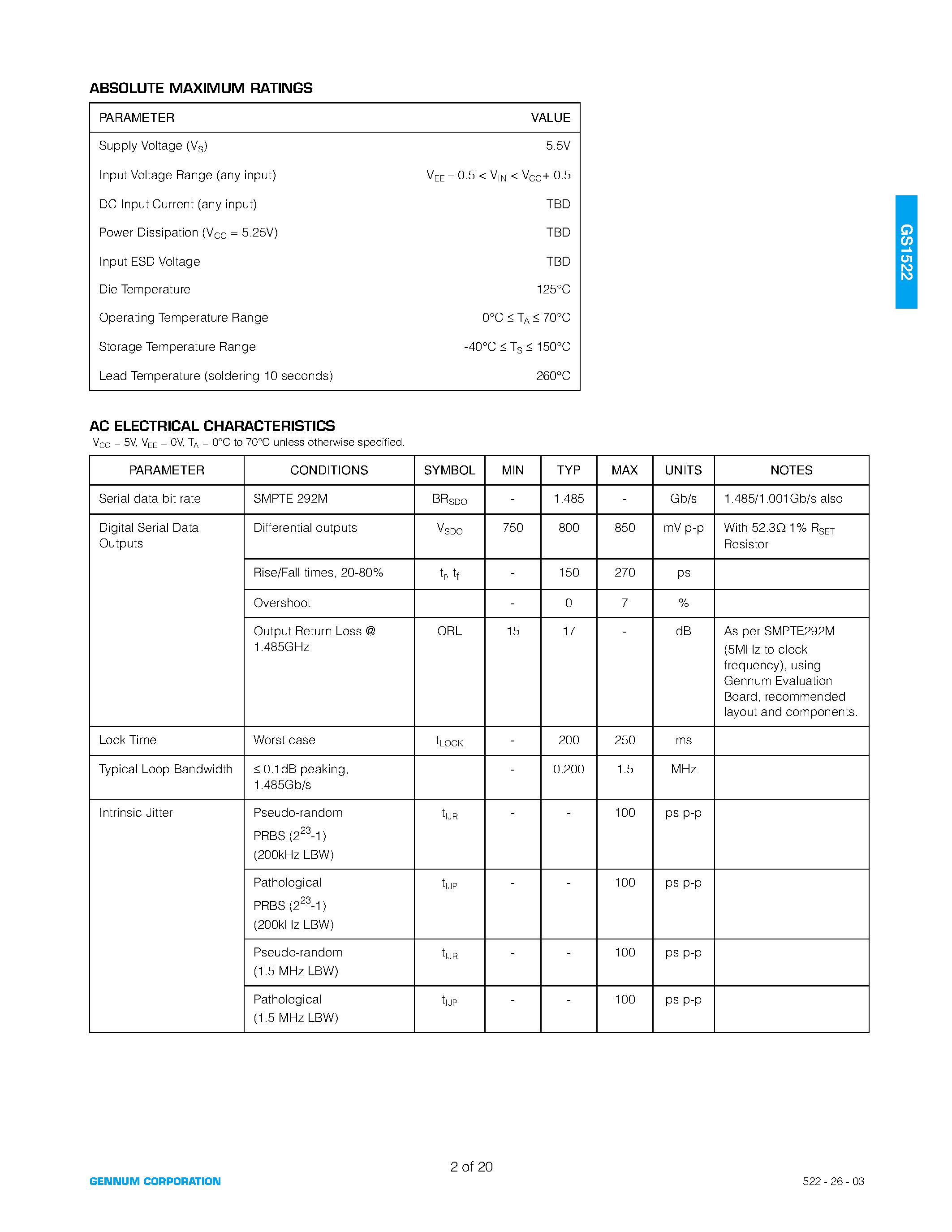 Даташит на микросхему GS1522 страница 2 Даташит GS1522 - HDTV Serial Digital Serializer страница 2