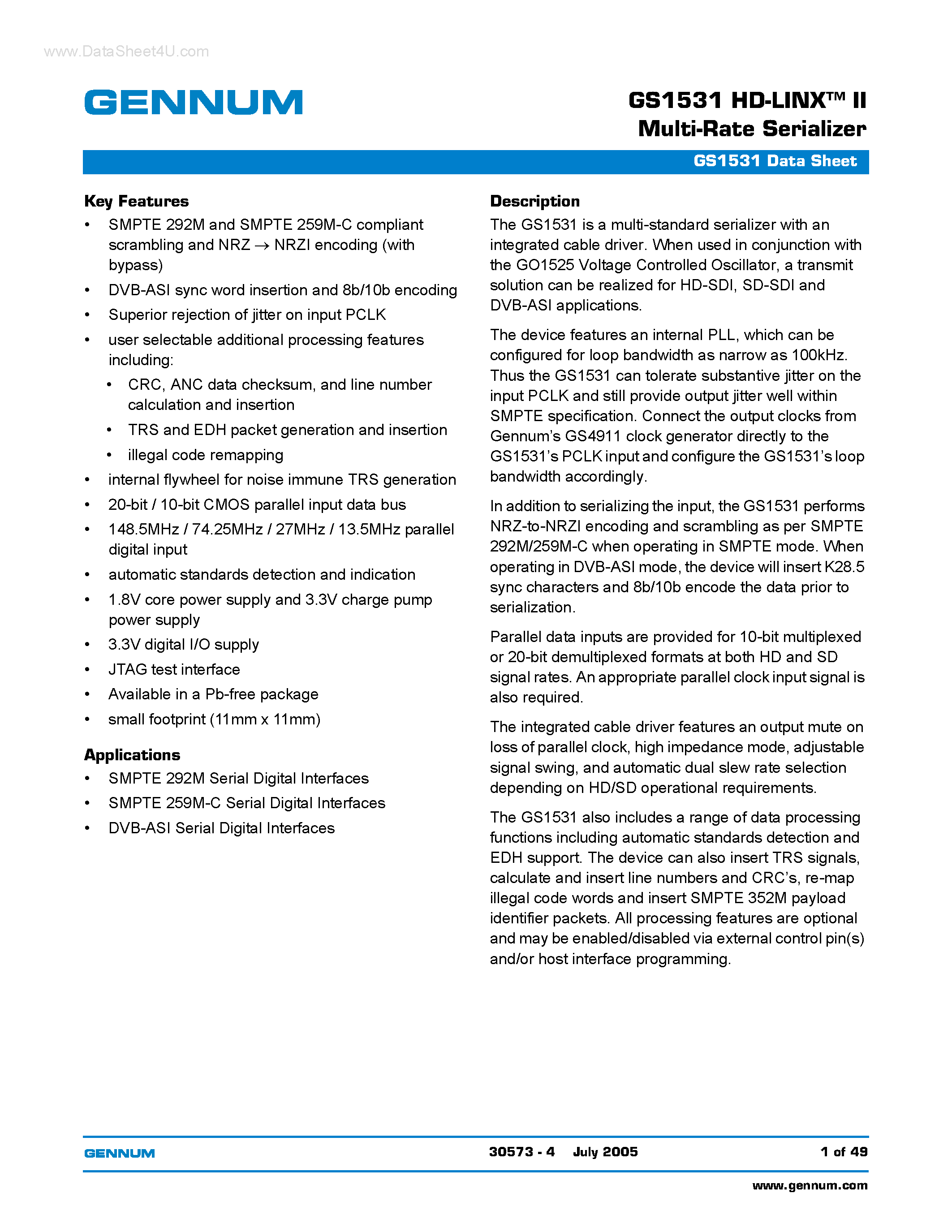Datasheet GS1531 page 1 Datasheet GS1531 - HD-LINX-TM II Multi-Rate Serializer page 1