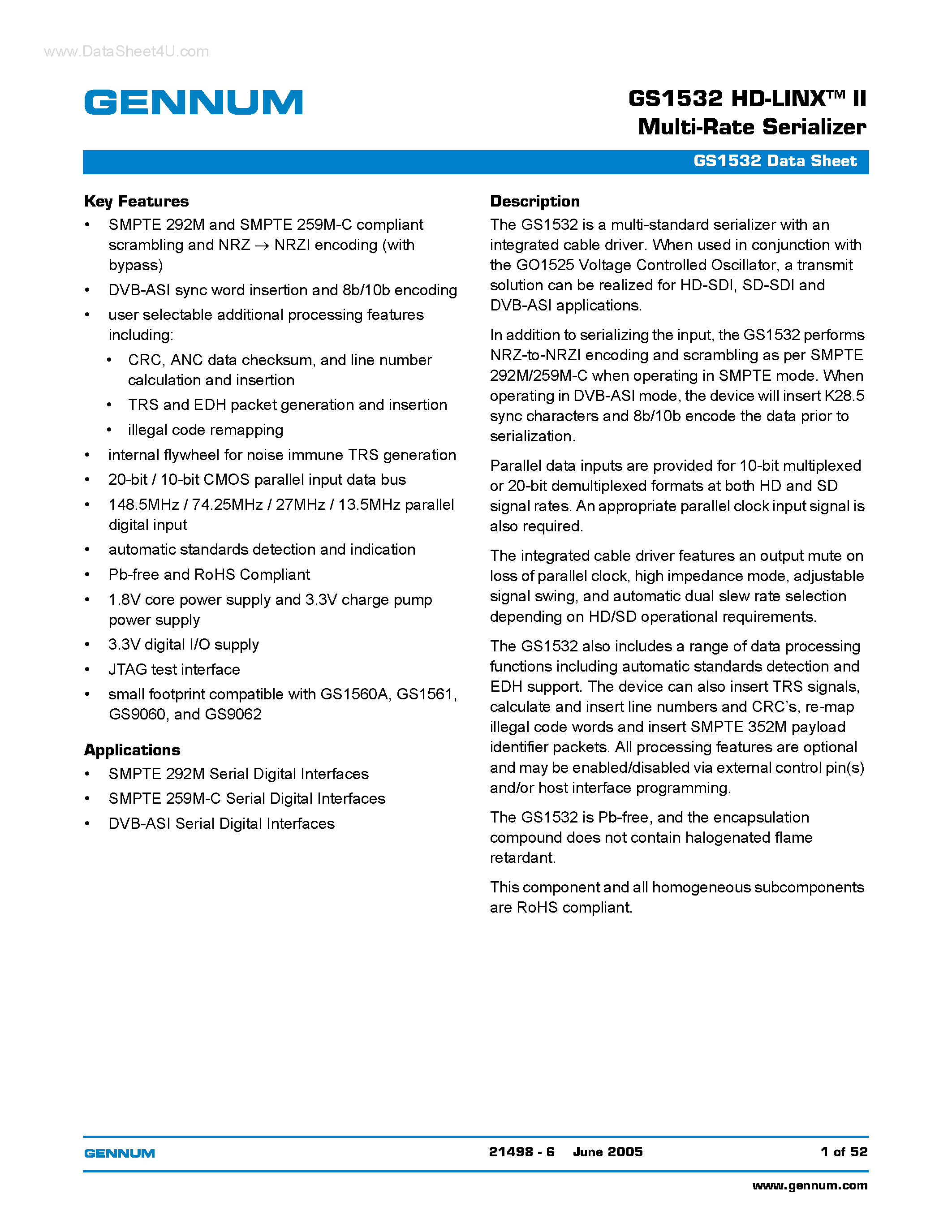 Datasheet GS1532 - HD-LINX-TM II Multi-Rate Serializer page 1