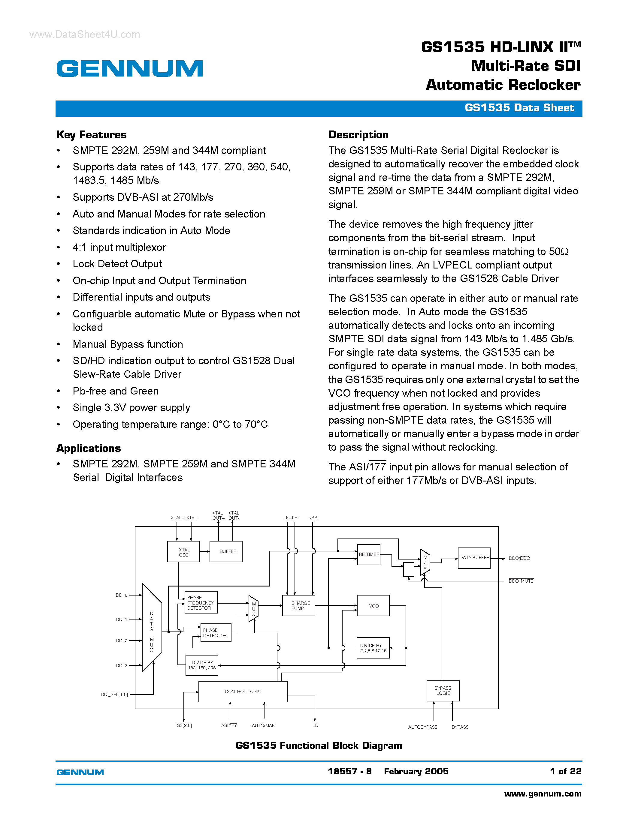 Datasheet GS1535 page 1 Datasheet GS1535 - HD-LINX II-TM Multi-Rate SDI Automatic Reclocker page 1