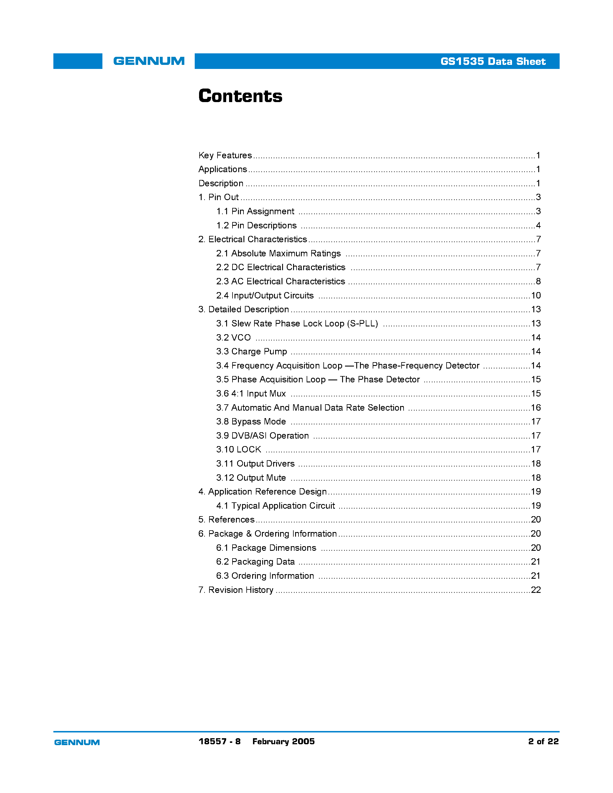 Datasheet GS1535 page 2 Datasheet GS1535 - HD-LINX II-TM Multi-Rate SDI Automatic Reclocker page 2