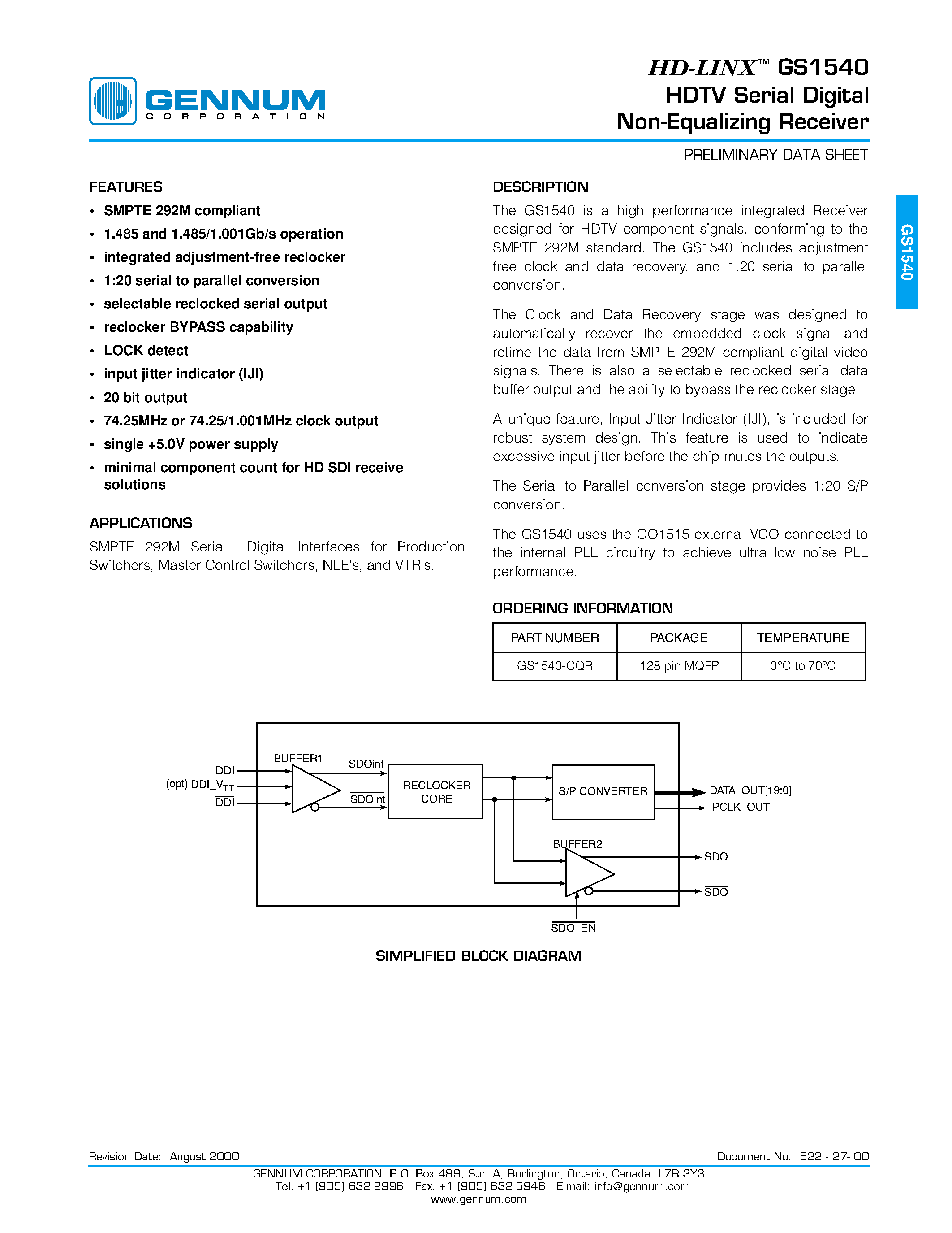 Datasheet GS1540 page 1 Datasheet GS1540 - HDTV Serial Digital Non-Equalizing Receiver page 1