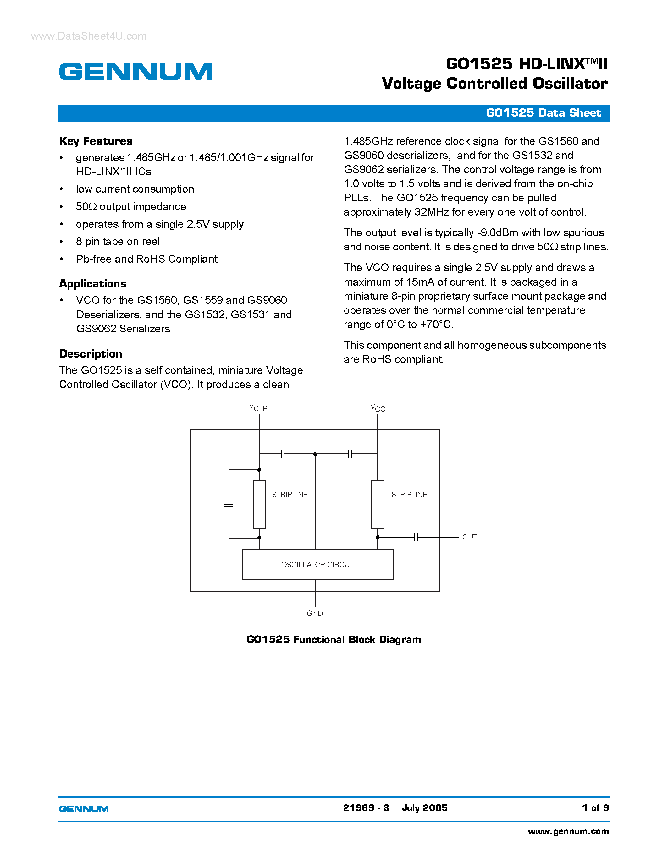 Datasheet GS1525 page 1 Datasheet GS1525 - HD-LINX II Voltage Controlled Oscillator page 1