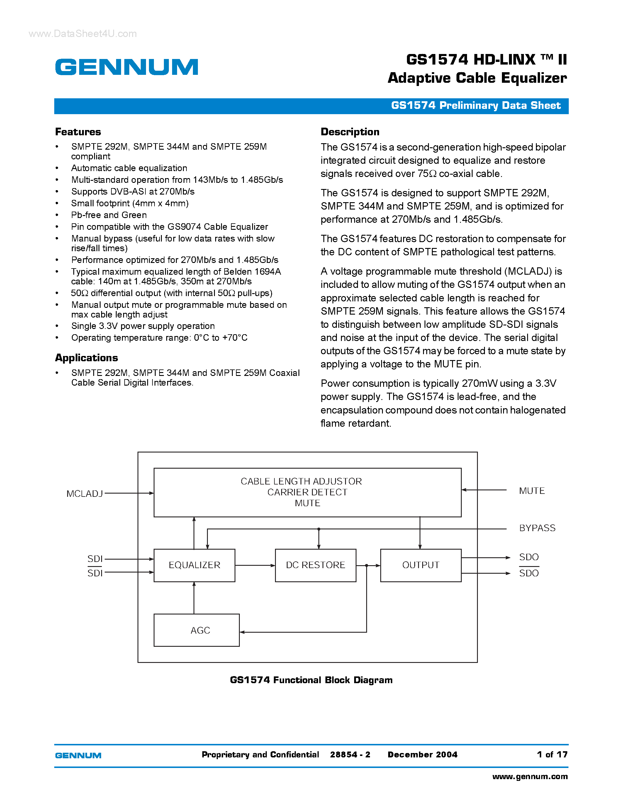 Datasheet GS1574 page 1 Datasheet GS1574 - HD-LINX -TM II Adaptive Cable Equalizer page 1