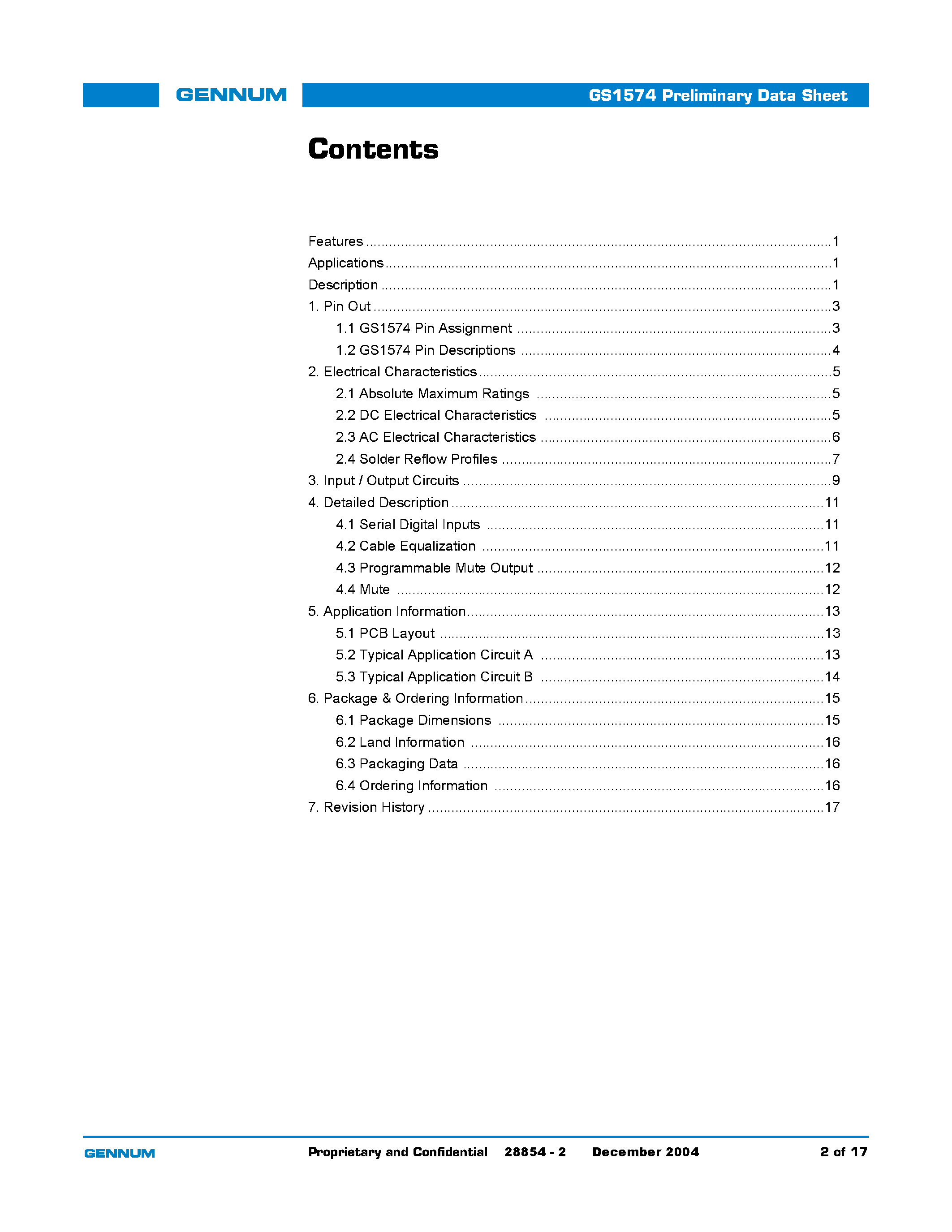 Datasheet GS1574 page 2 Datasheet GS1574 - HD-LINX -TM II Adaptive Cable Equalizer page 2