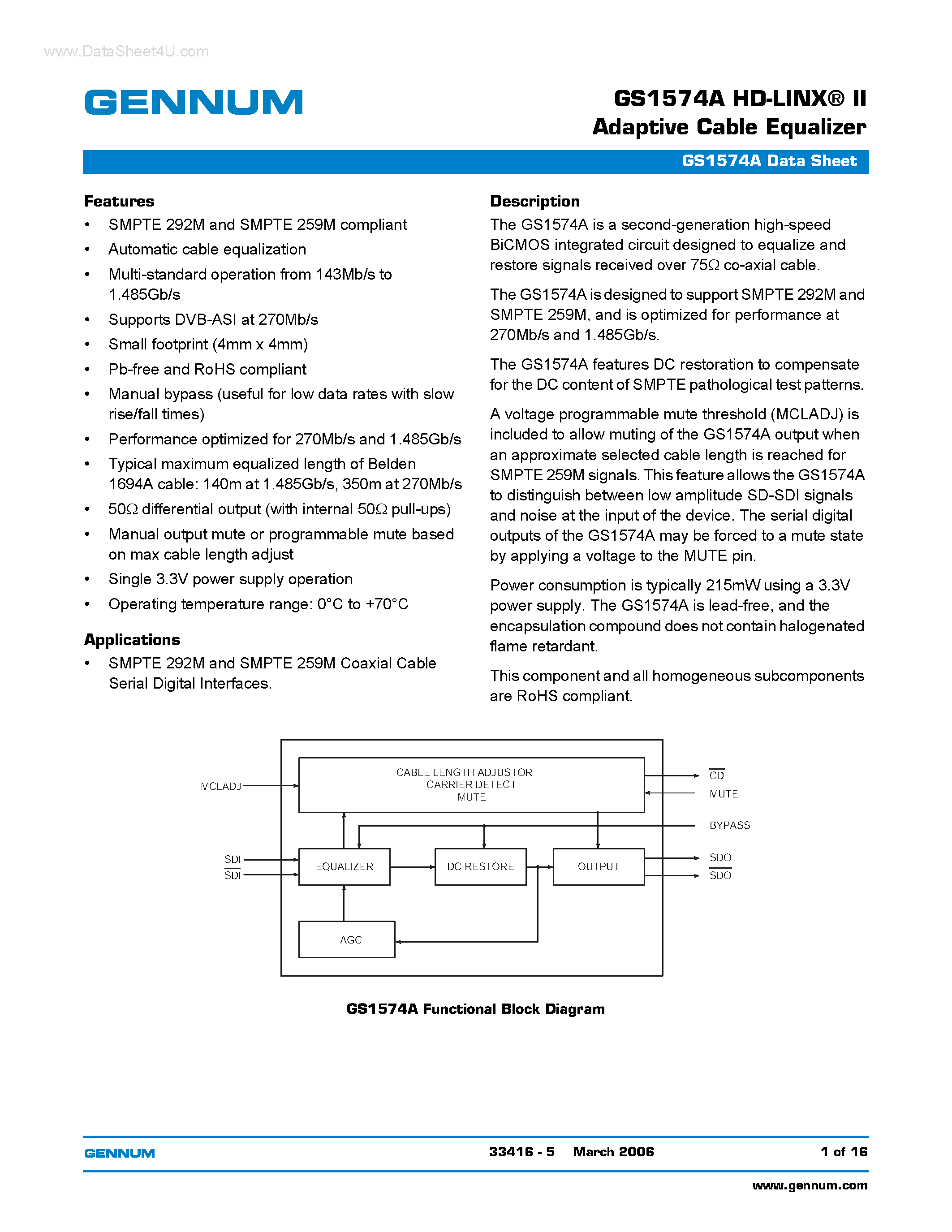 Даташит GS1574A - HD-LINX-R II Adaptive Cable Equalizer страница 1