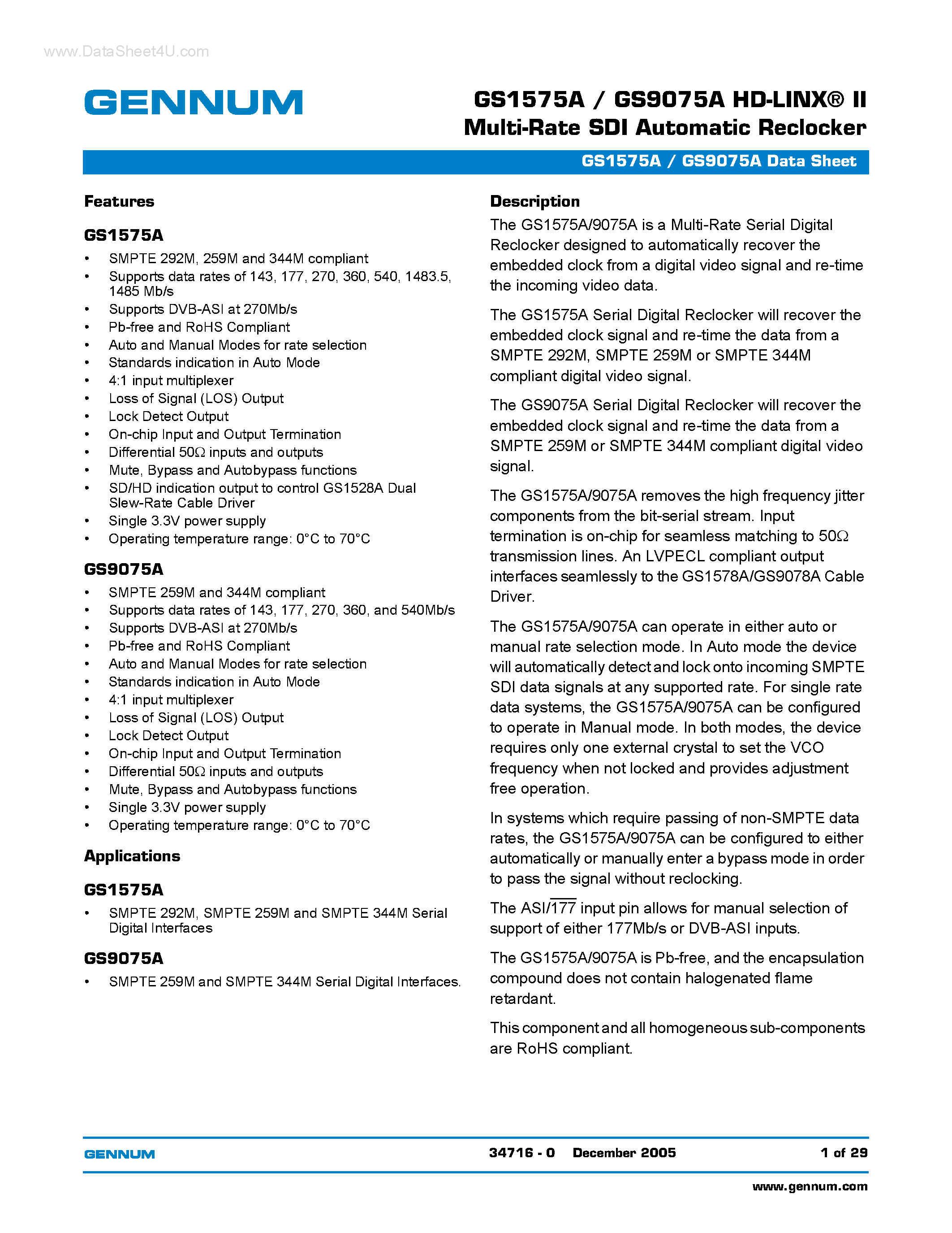 Datasheet GS9075A - HD-LINX-R II Multi-Rate SDI Automatic Reclocker page 1