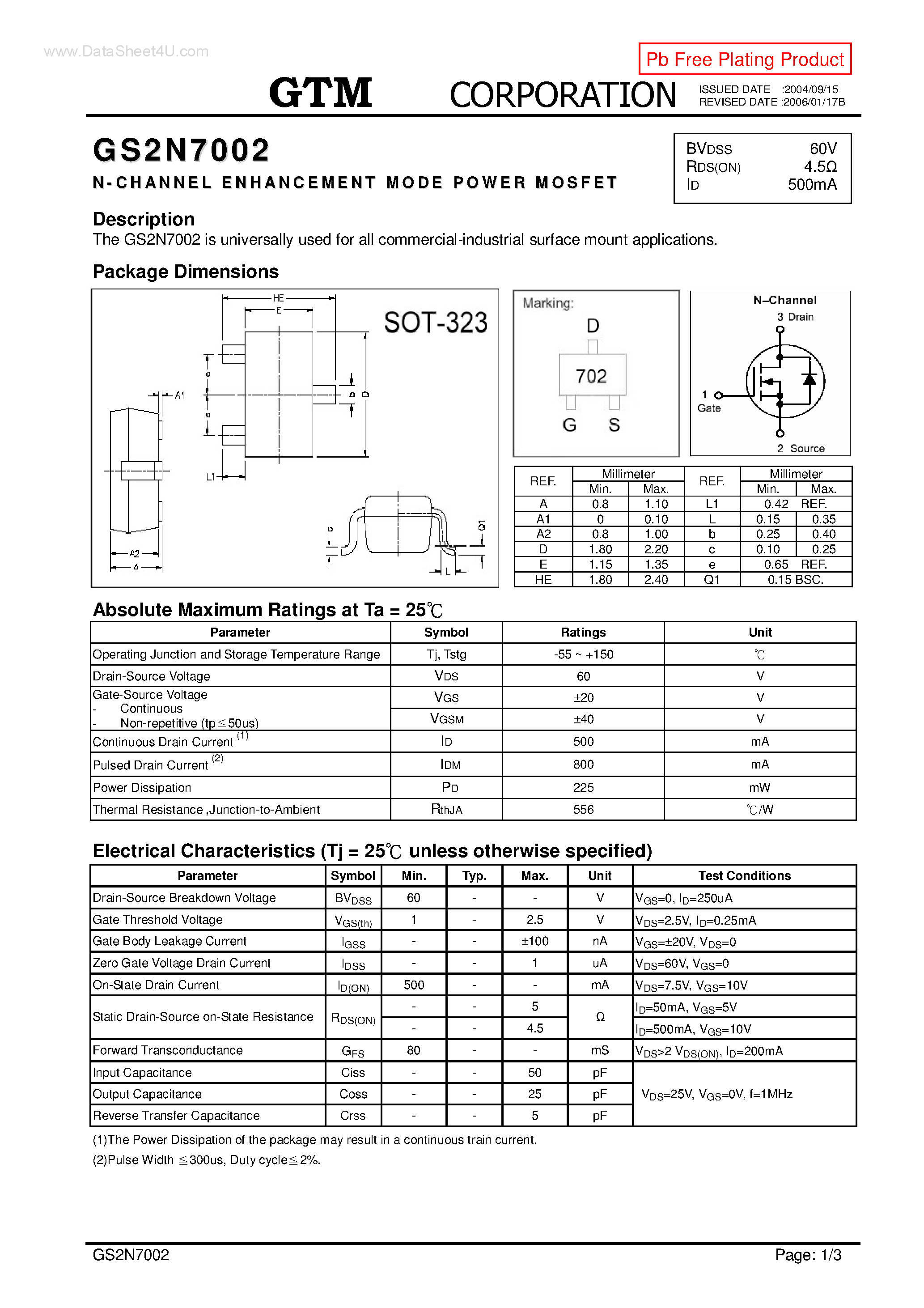 Datasheet GS2N7002 page 1 Datasheet GS2N7002 - N-CHANNEL ENHANCEMENT MODE POWER MOSFET page 1