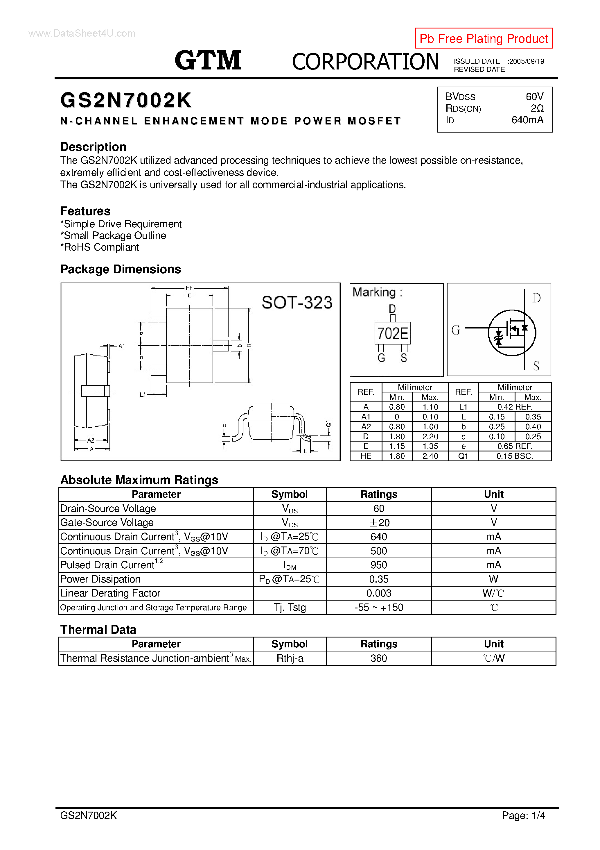 Datasheet GS2N7002K - N-CHANNEL ENHANCEMENT MODE POWER MOSFET page 1
