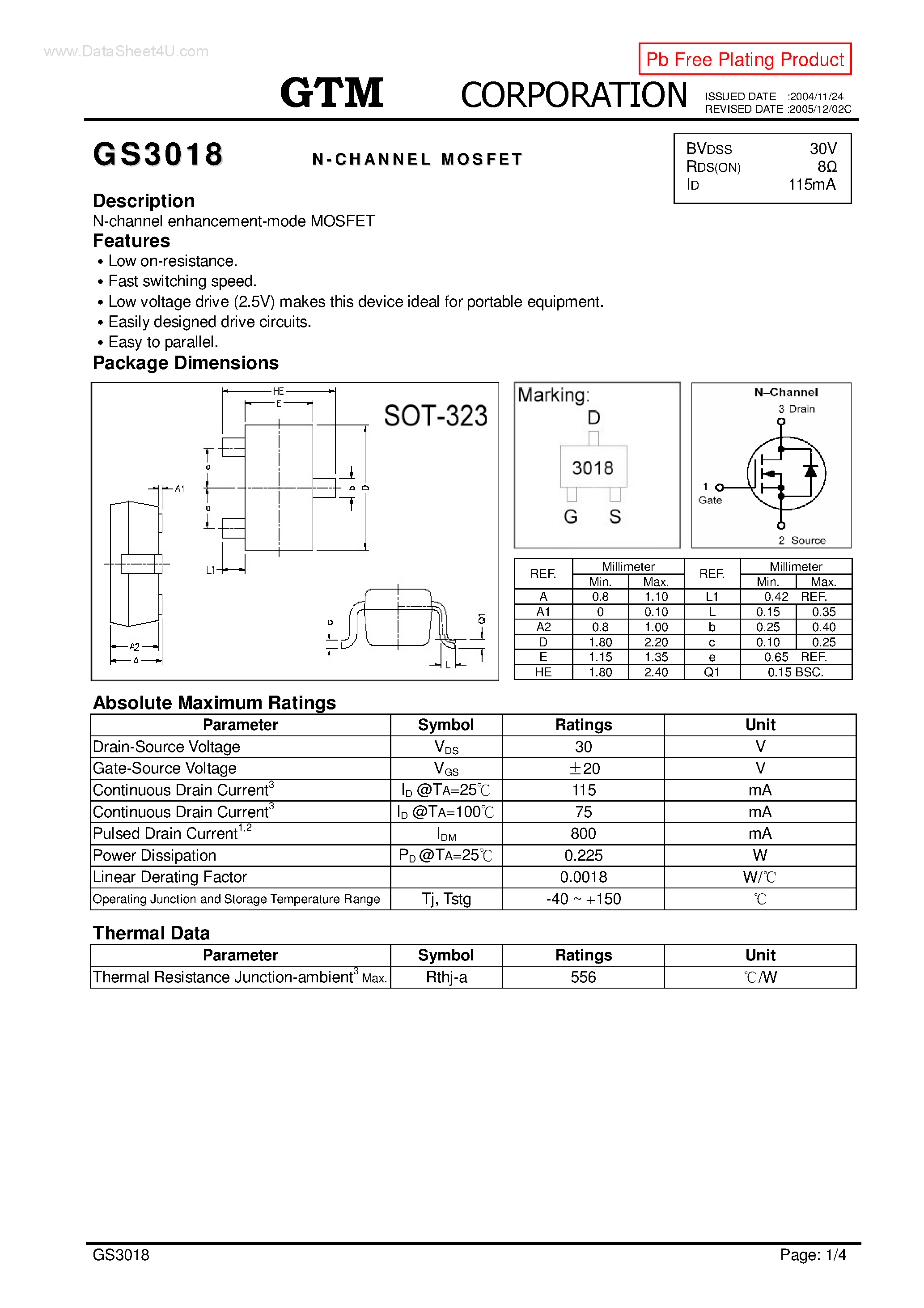 Datasheet GS3018 - N-CHANNEL MOSFET page 1