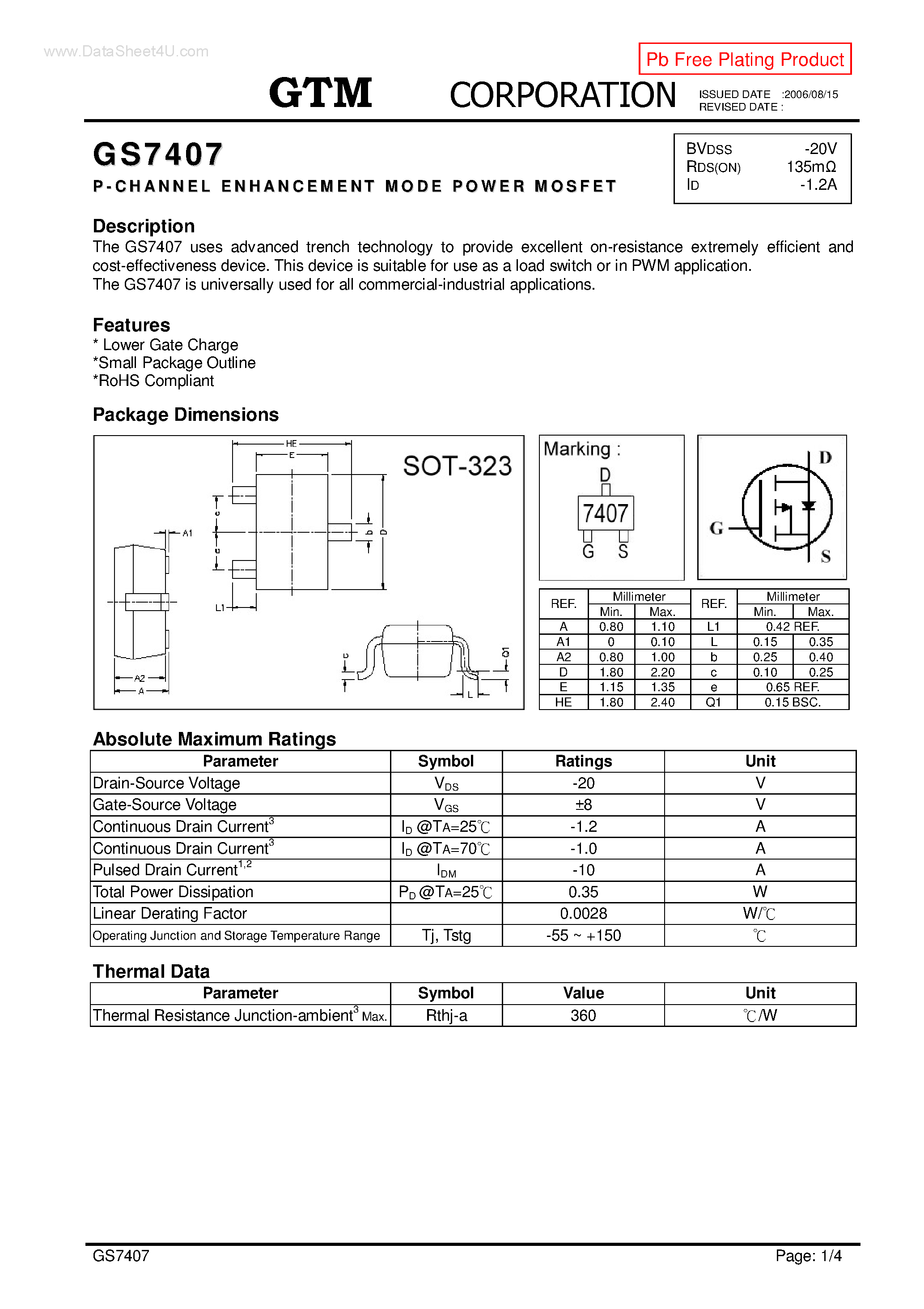 Datasheet GS7407 page 1 Datasheet GS7407 - P-CHANNEL ENHANCEMENT MODE POWER MOSFET page 1