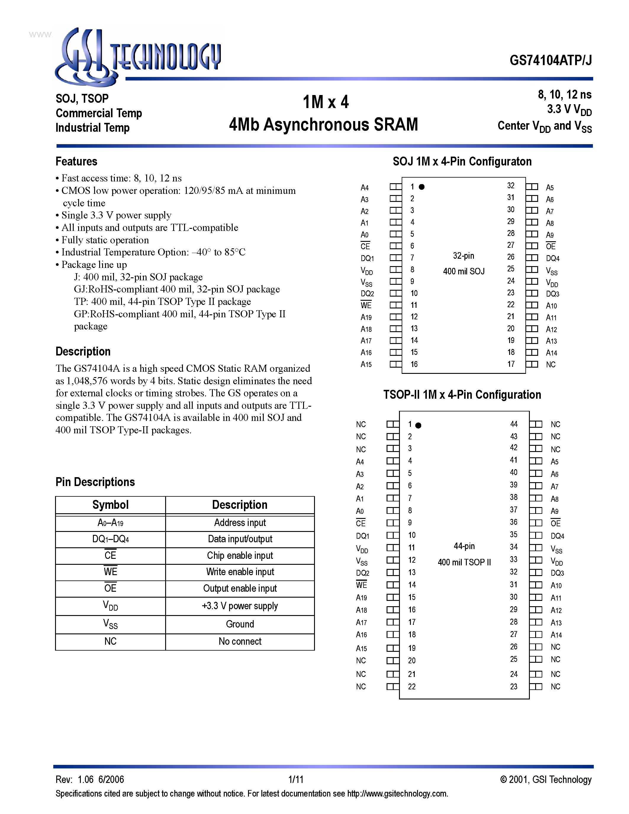 Даташит GS74104ATJ - 1M x 4 4Mb Asynchronous SRAM страница 1