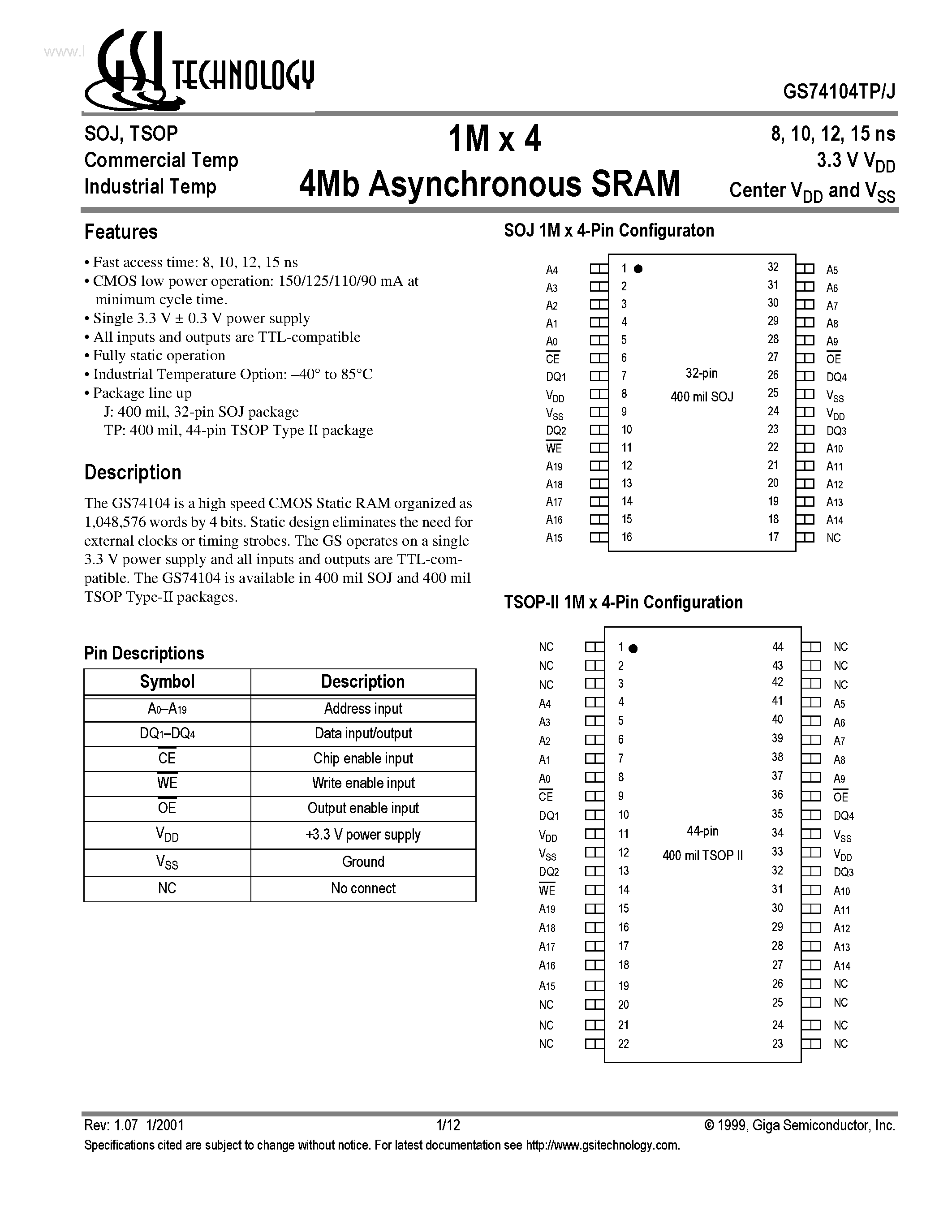 Даташит GS74104J - 1M x 4 4Mb Asynchronous SRAM страница 1