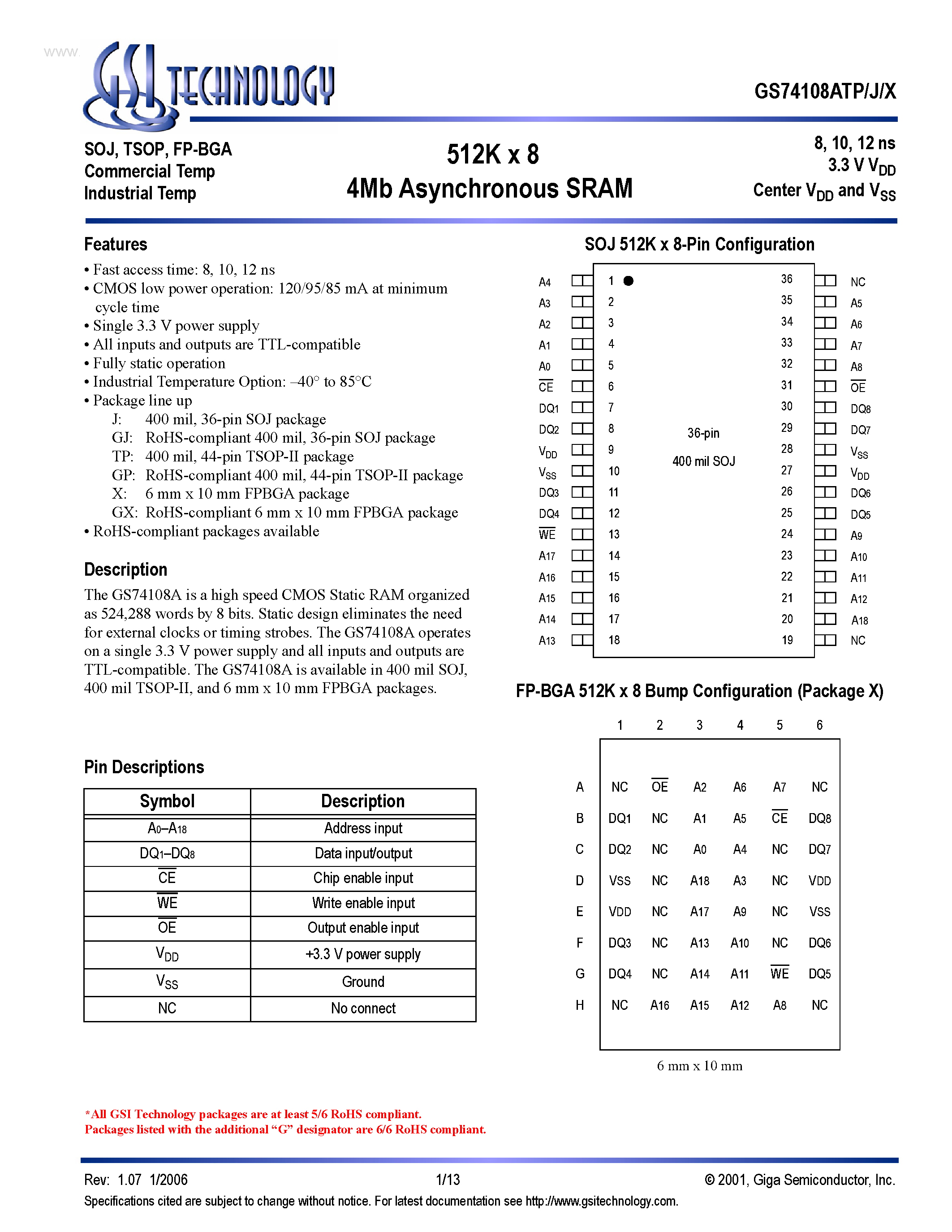 Даташит на микросхему GS74108ATJ страница 1 Даташит GS74108ATJ - 512K x 8 4Mb Asynchronous SRAM страница 1