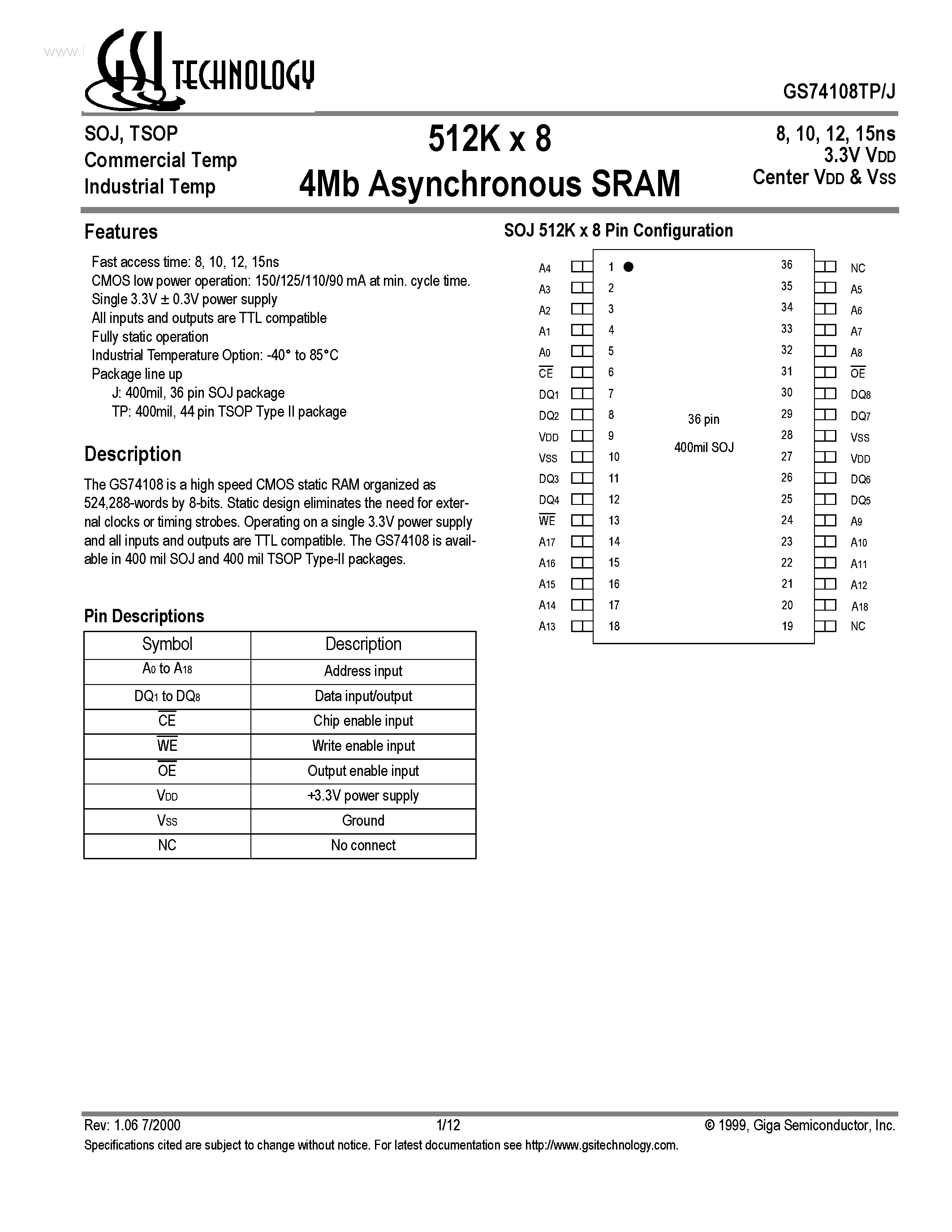 Даташит GS74108J - 512K x 8 4Mb Asynchronous SRAM страница 1