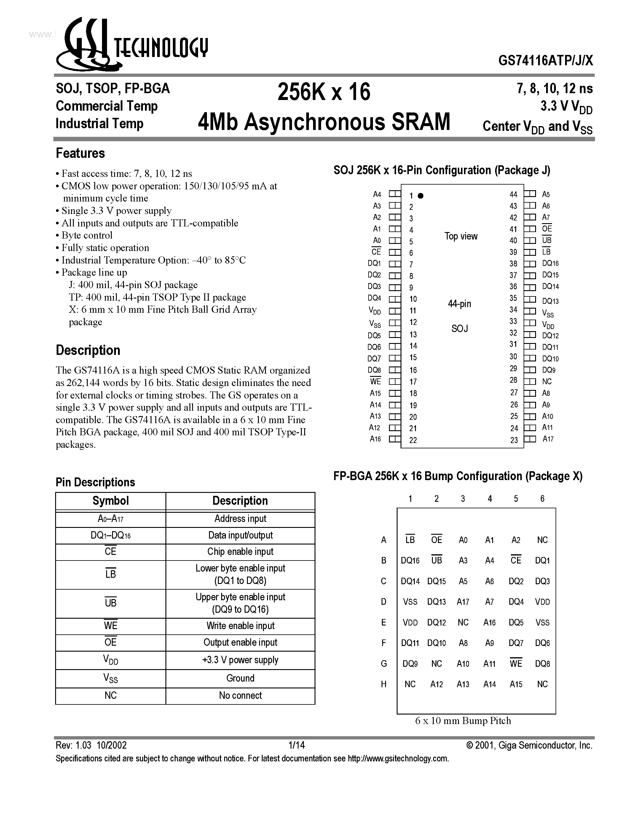 Даташит на микросхему GS74116ATJ страница 1 Даташит GS74116ATJ - 256K x 16 4Mb Asynchronous SRAM страница 1