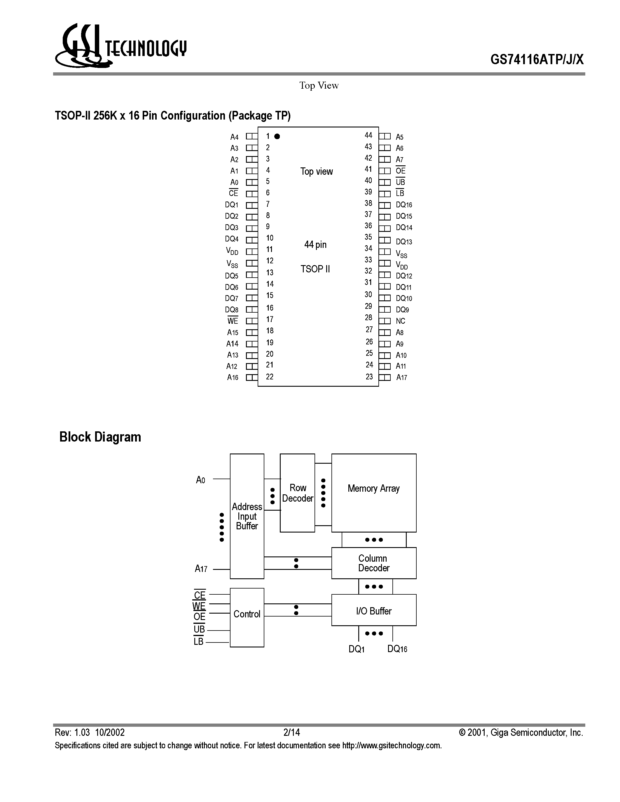 Даташит на микросхему GS74116ATJ страница 2 Даташит GS74116ATJ - 256K x 16 4Mb Asynchronous SRAM страница 2