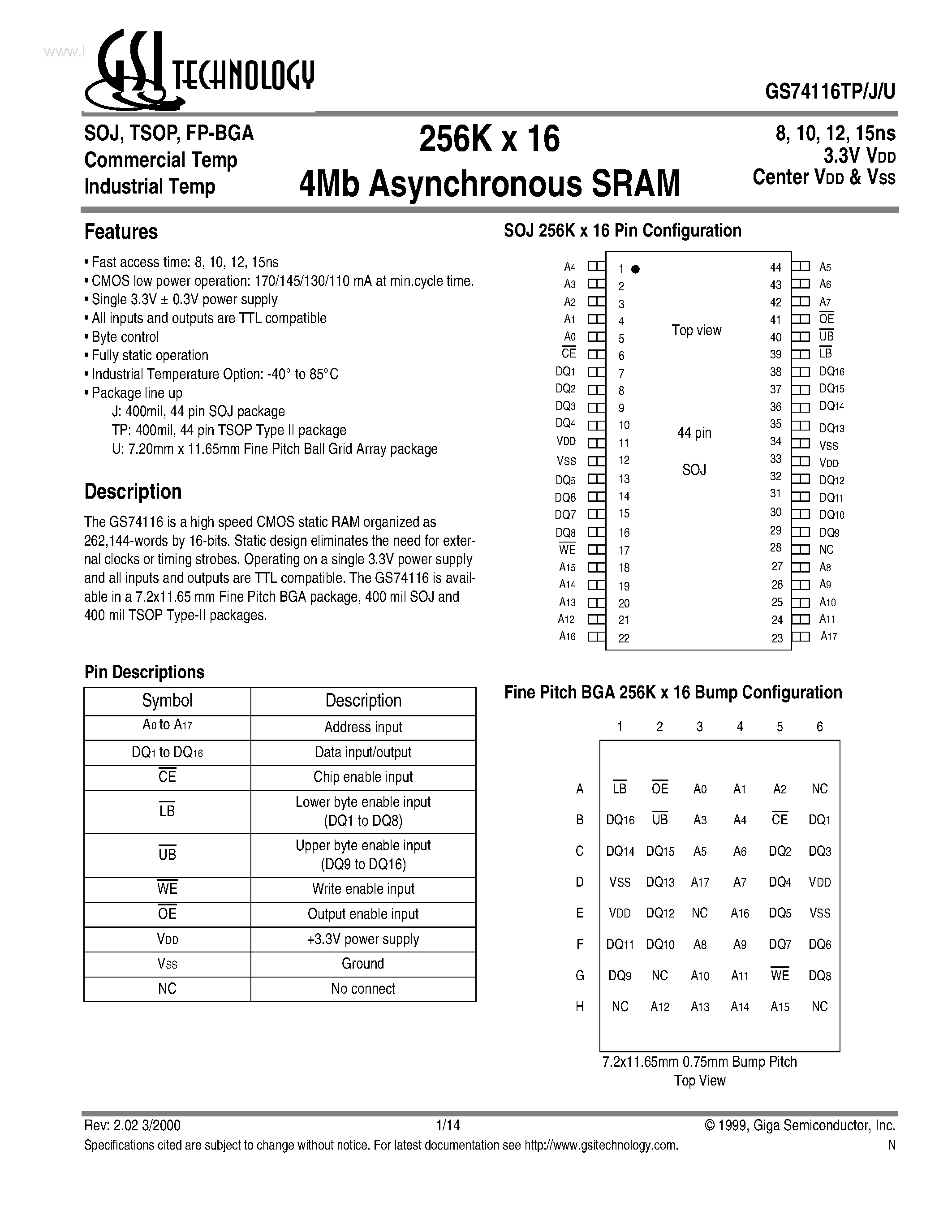 Даташит на микросхему GS74116TJ страница 1 Даташит GS74116TJ - 256K x 16 4Mb Asynchronous SRAM страница 1