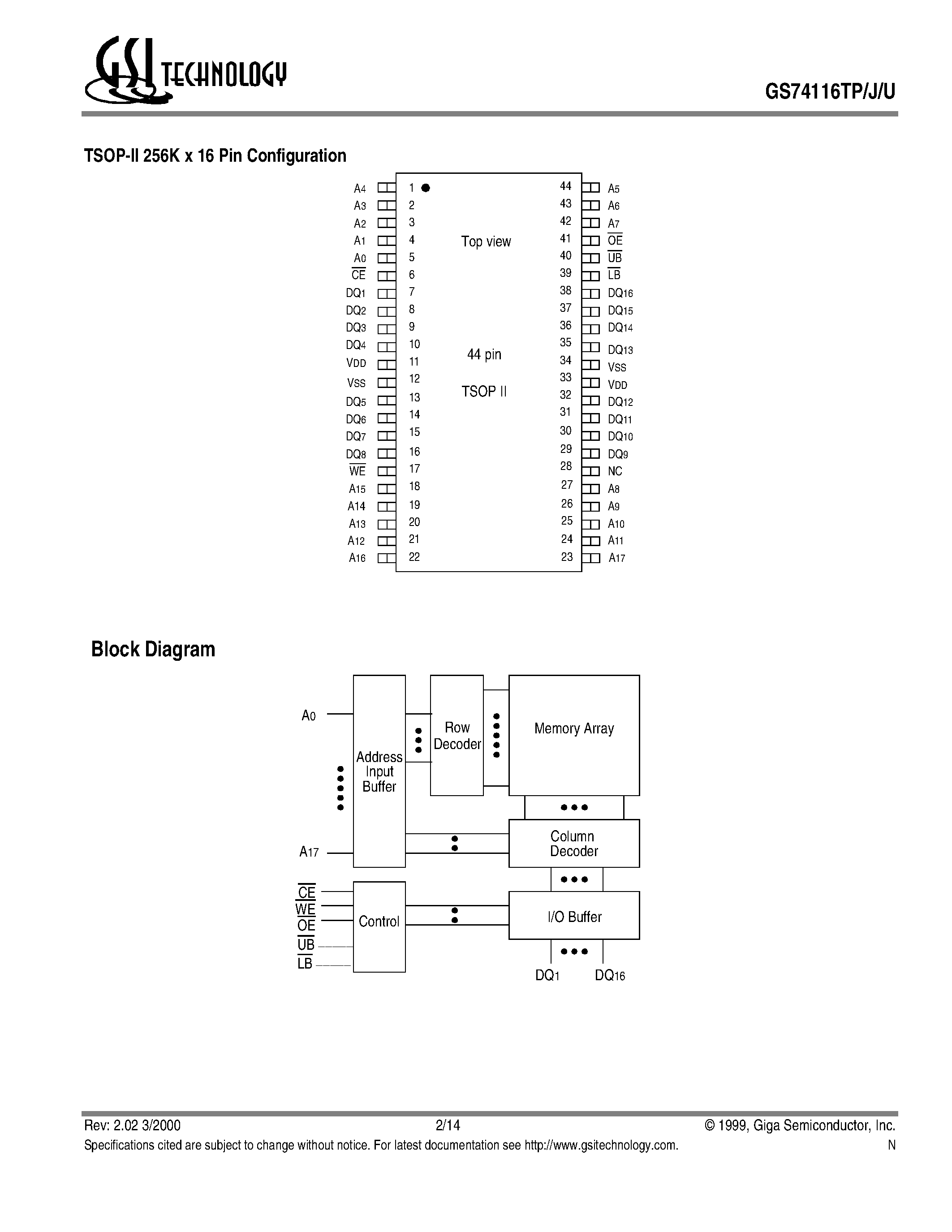 Даташит на микросхему GS74116TJ страница 2 Даташит GS74116TJ - 256K x 16 4Mb Asynchronous SRAM страница 2