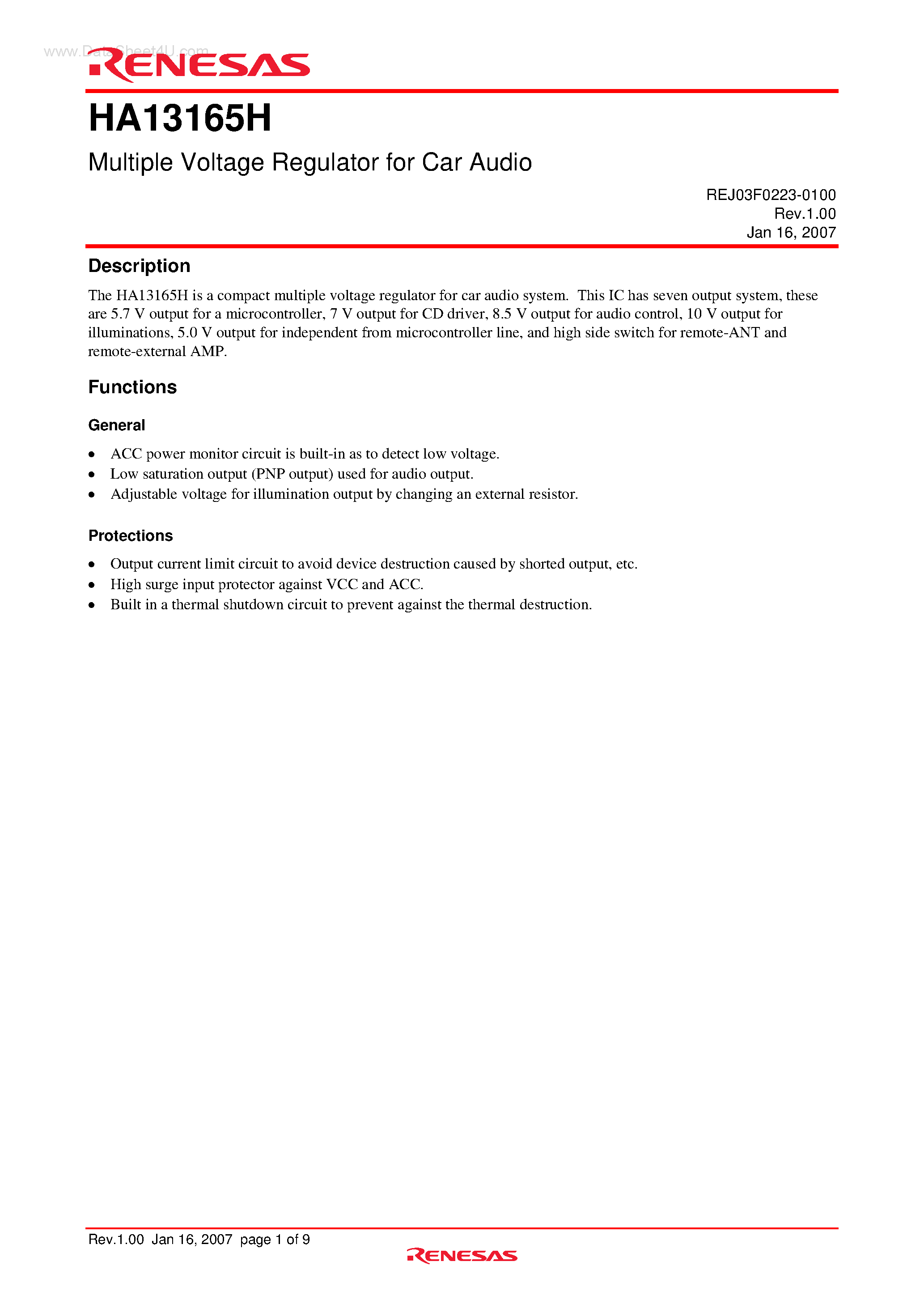 Даташит HA13165H - Multiple Voltage Regulator страница 1