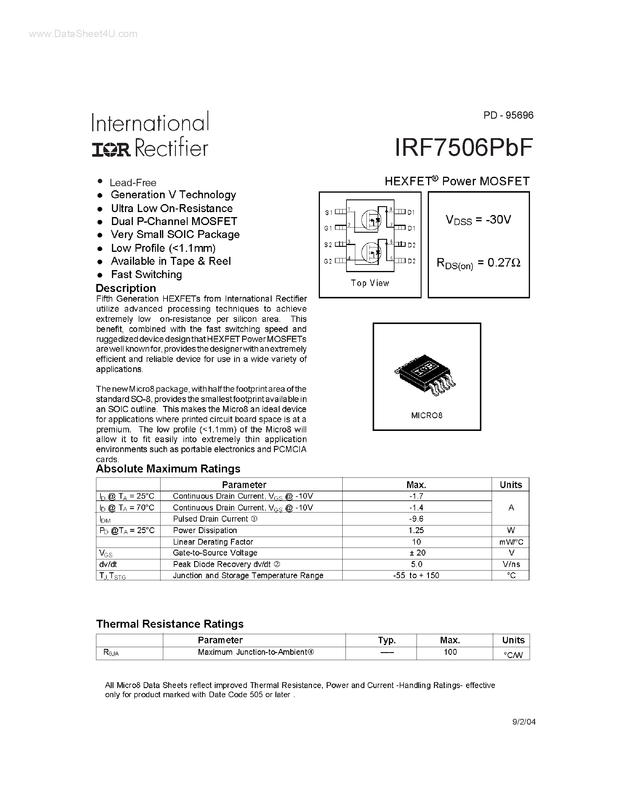 Datasheet IRF7506PBF - HEXFET Power MOSFET page 1