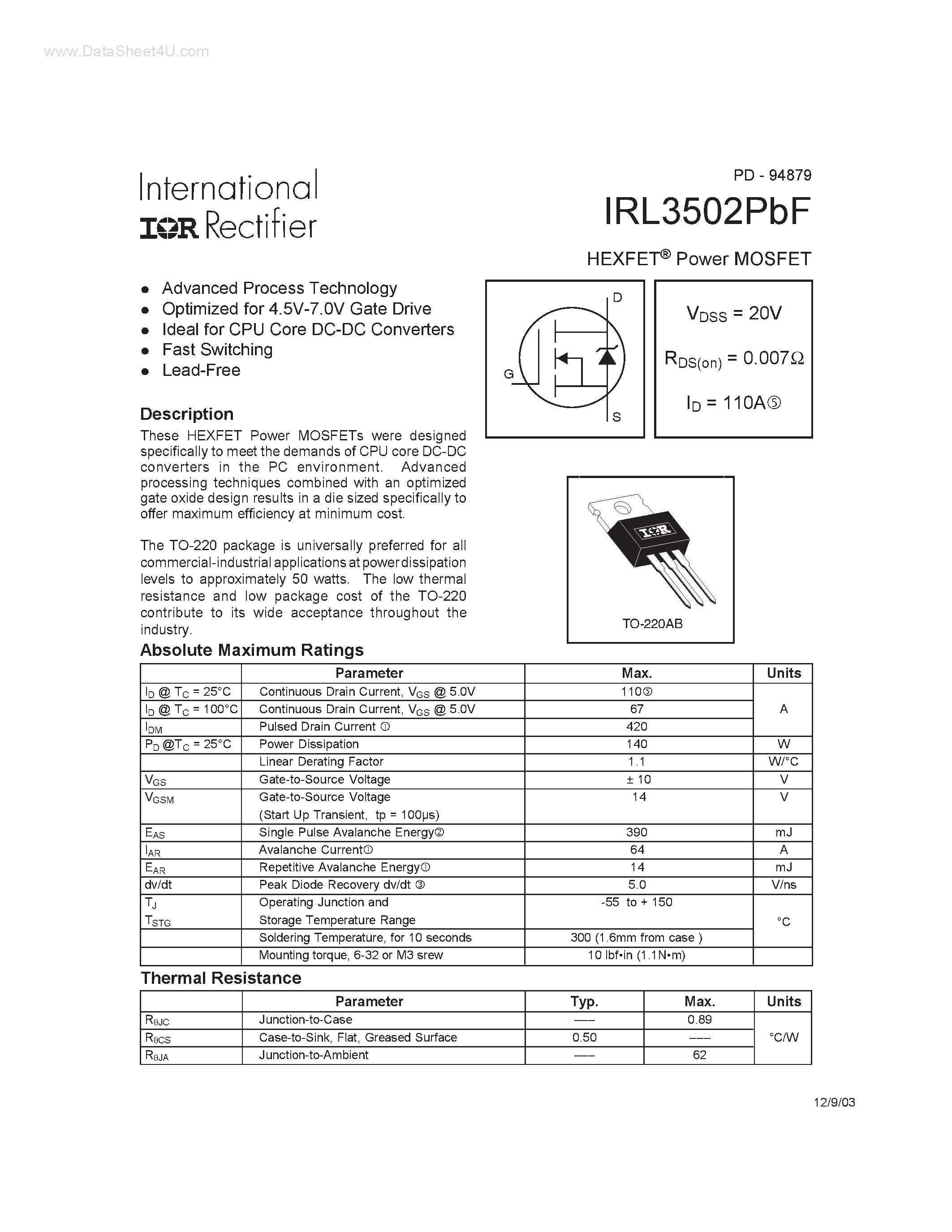 Datasheet IRL3502PBF - HEXFET Power MOSFET page 1