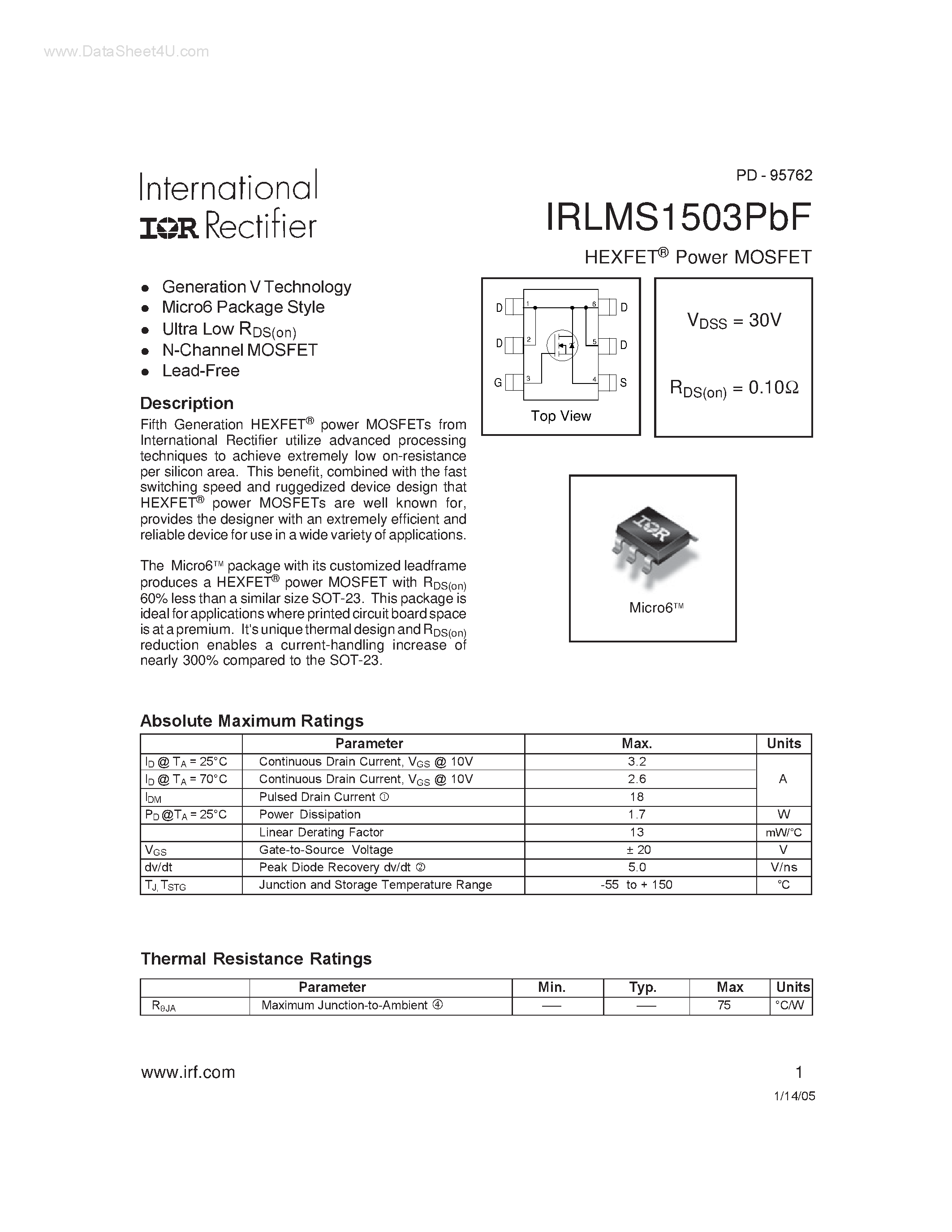 Даташит IRLMS1503PBF - Power MOSFET страница 1