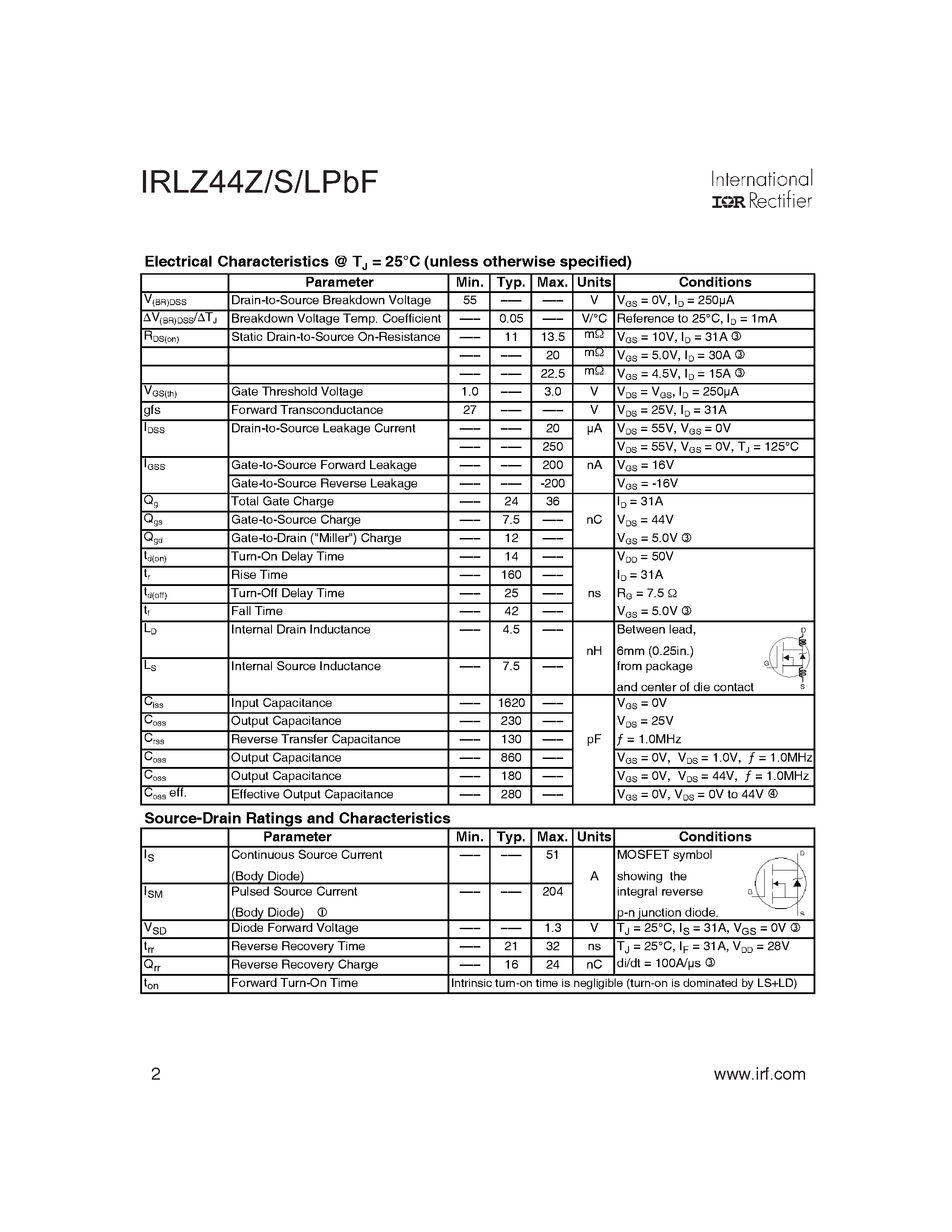 Datasheet IRLZ44ZLPBF - AUTOMOTIVE MOSFET page 2