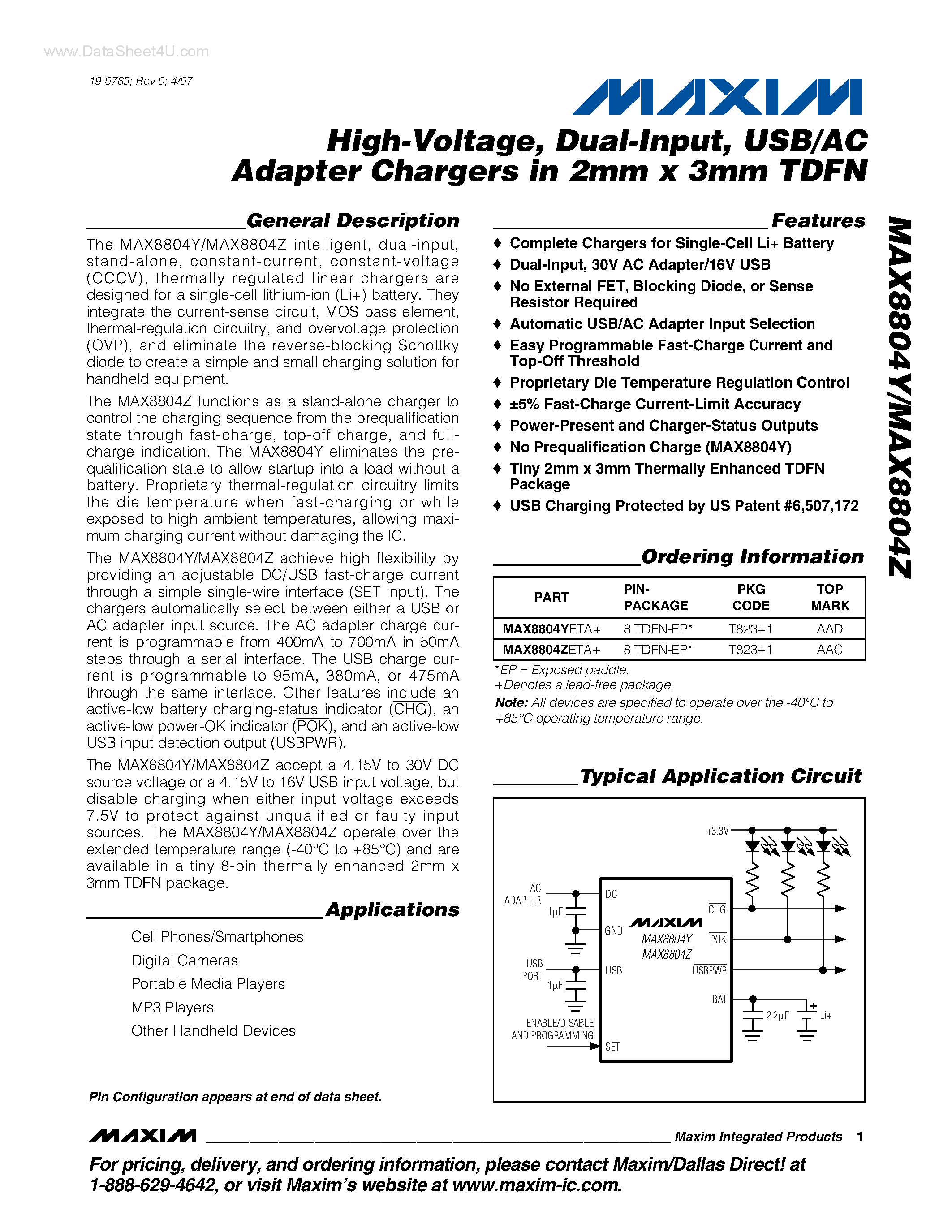 Datasheet MAX8804Y page 1 Datasheet MAX8804Y - (MAX8804Y/Z) USB/AC Adapter Chargers page 1