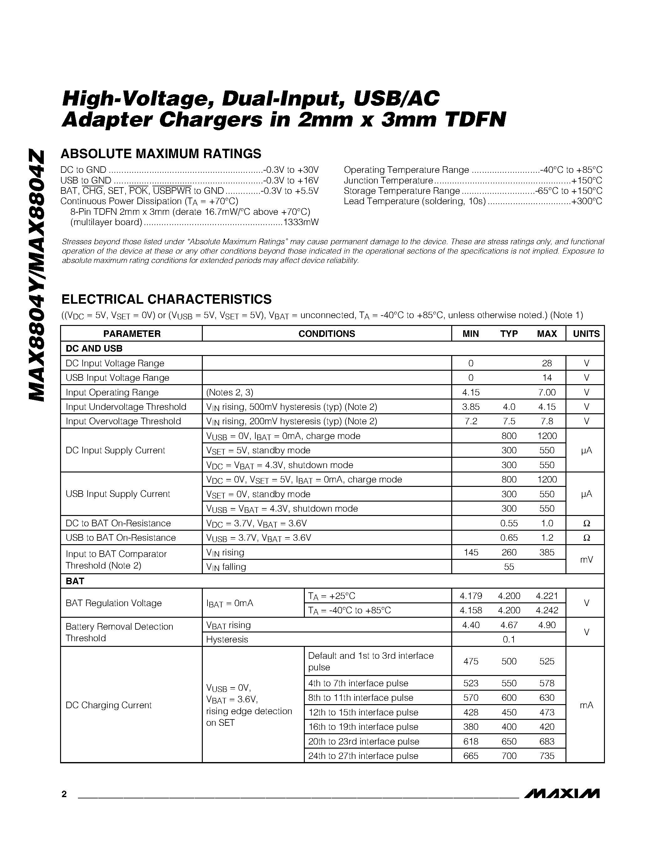 Даташит MAX8804Y - (MAX8804Y/Z) USB/AC Adapter Chargers страница 2