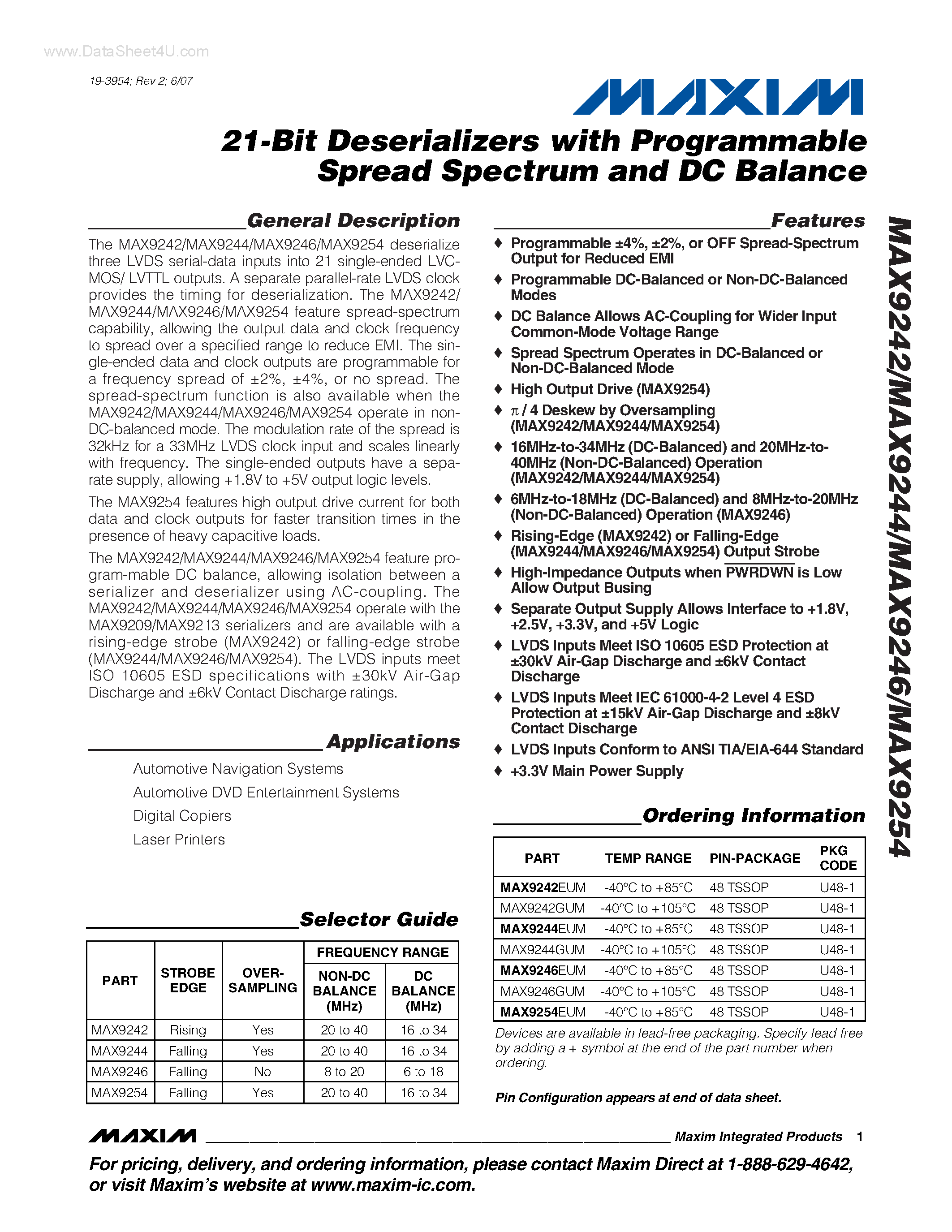 Datasheet MAX9242 page 1 Datasheet MAX9242 - (MAX9242 - MAX9254) 21-Bit Deserializers page 1