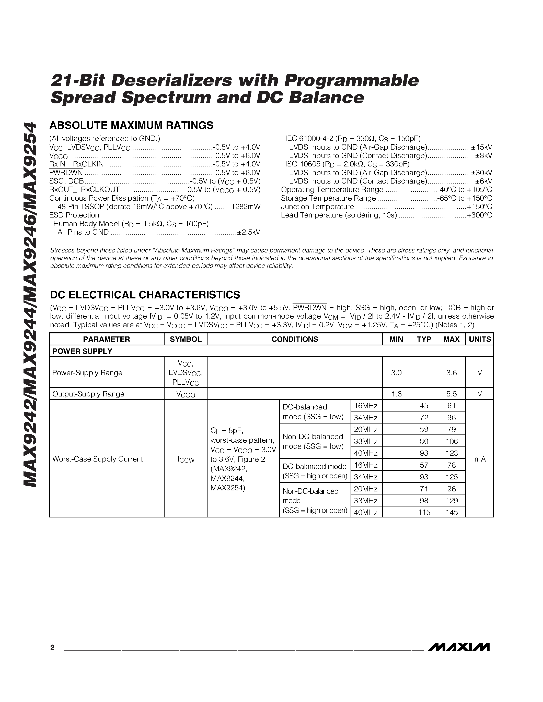Datasheet MAX9242 page 2 Datasheet MAX9242 - (MAX9242 - MAX9254) 21-Bit Deserializers page 2