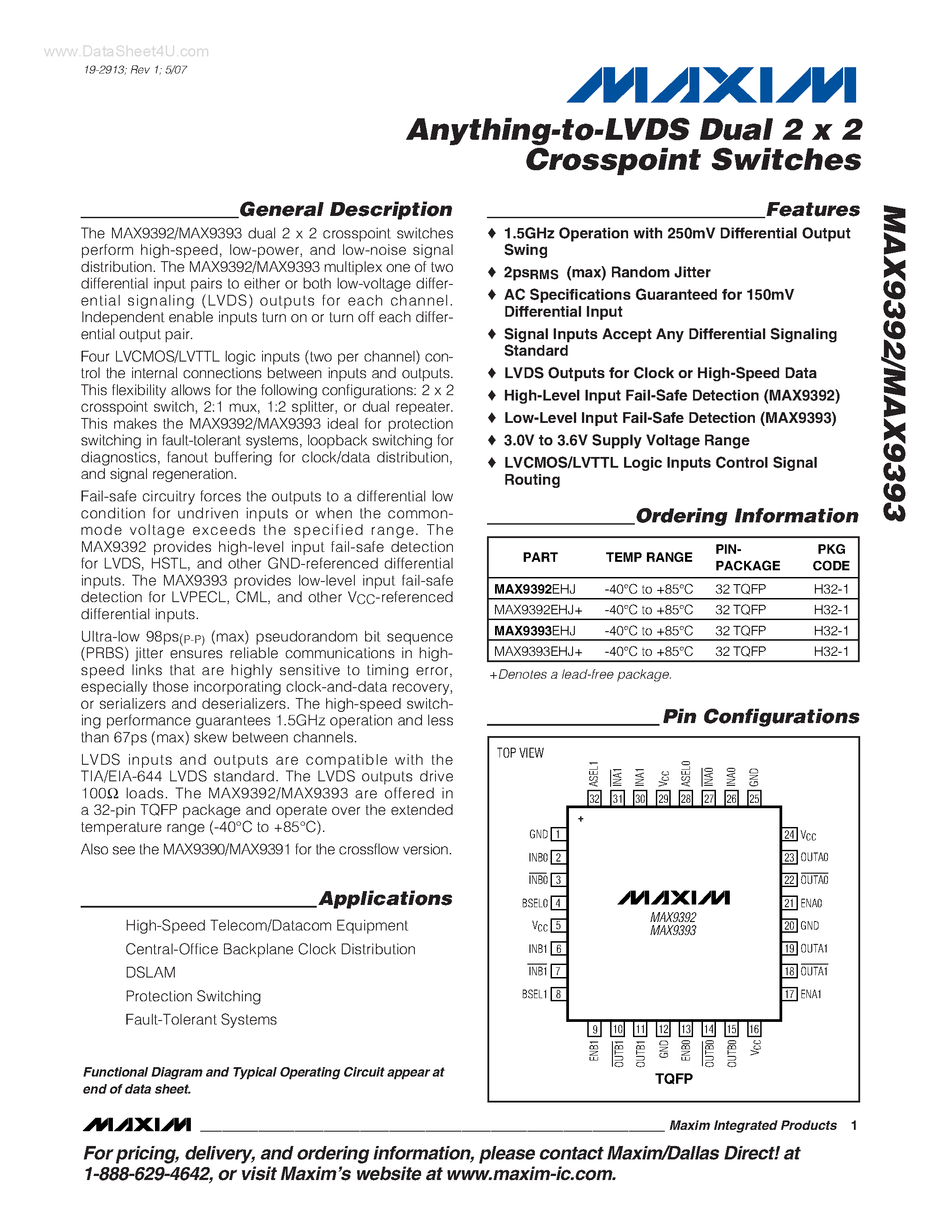 Datasheet MAX9392 - (MAX9392 / MAX9393) Anything-to-LVDS Dual 2 x 2 Crosspoint Switches page 1