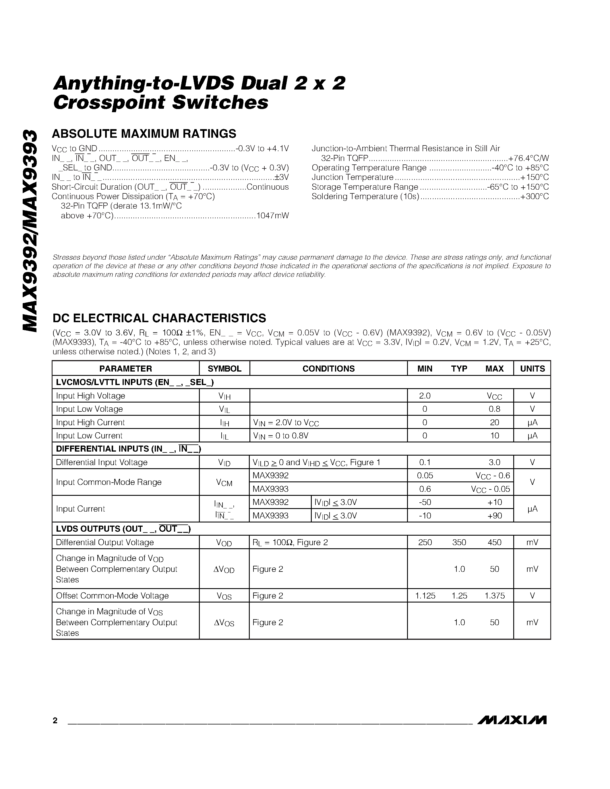 Datasheet MAX9392 - (MAX9392 / MAX9393) Anything-to-LVDS Dual 2 x 2 Crosspoint Switches page 2